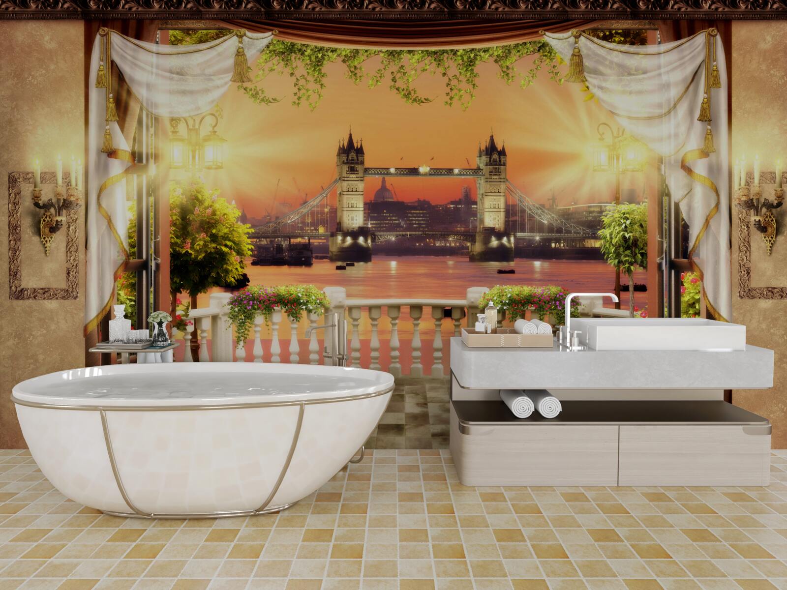 Papier peint vue du pont de londres depuis le balcon le soir