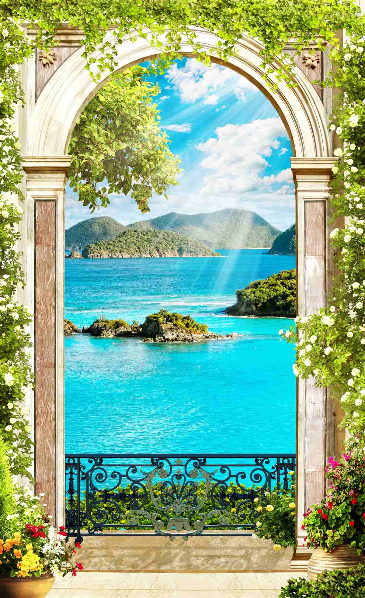 Papier peint arche verte avec vue imprenable sur la mer