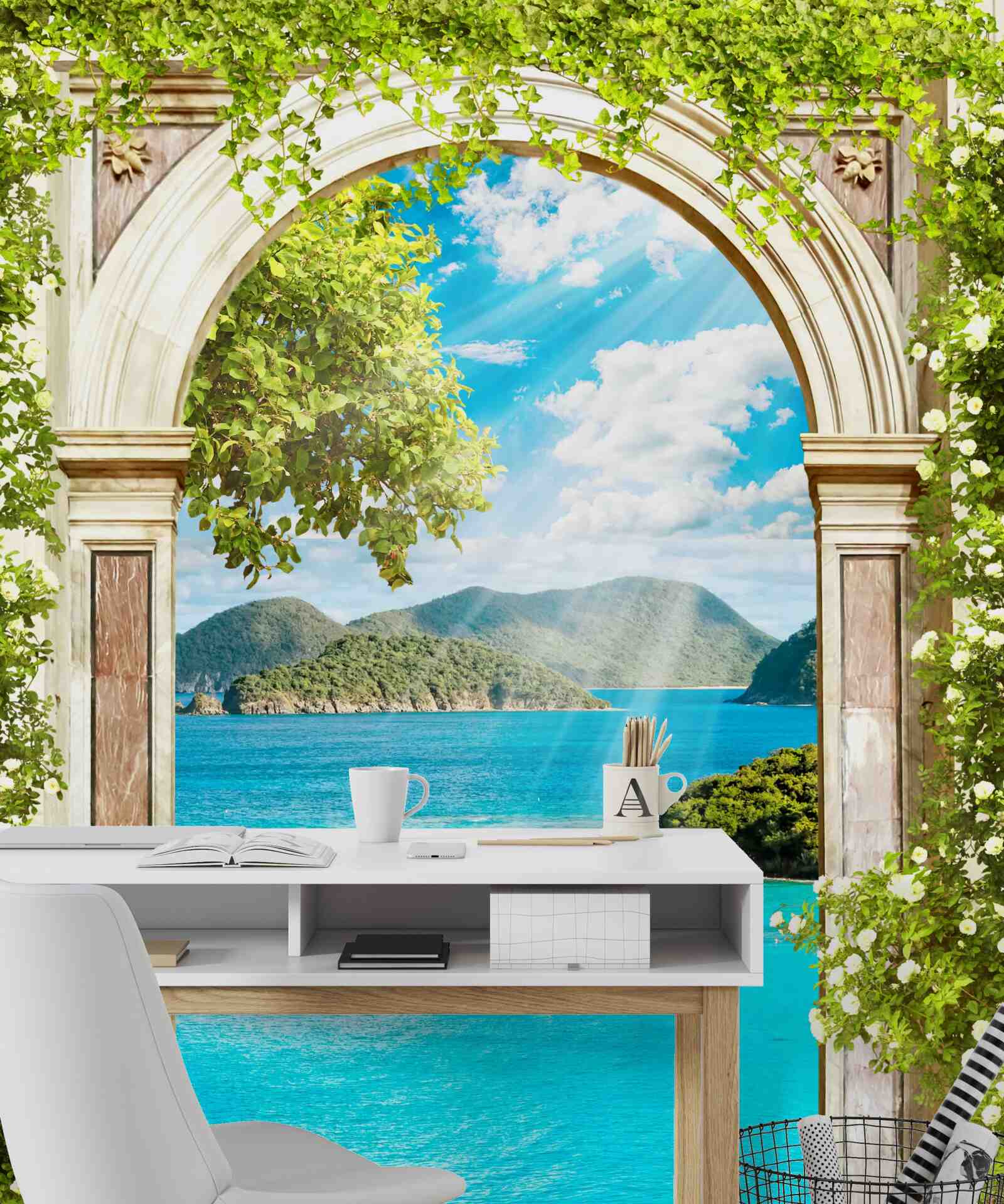 Papier peint arche verte avec vue imprenable sur la mer