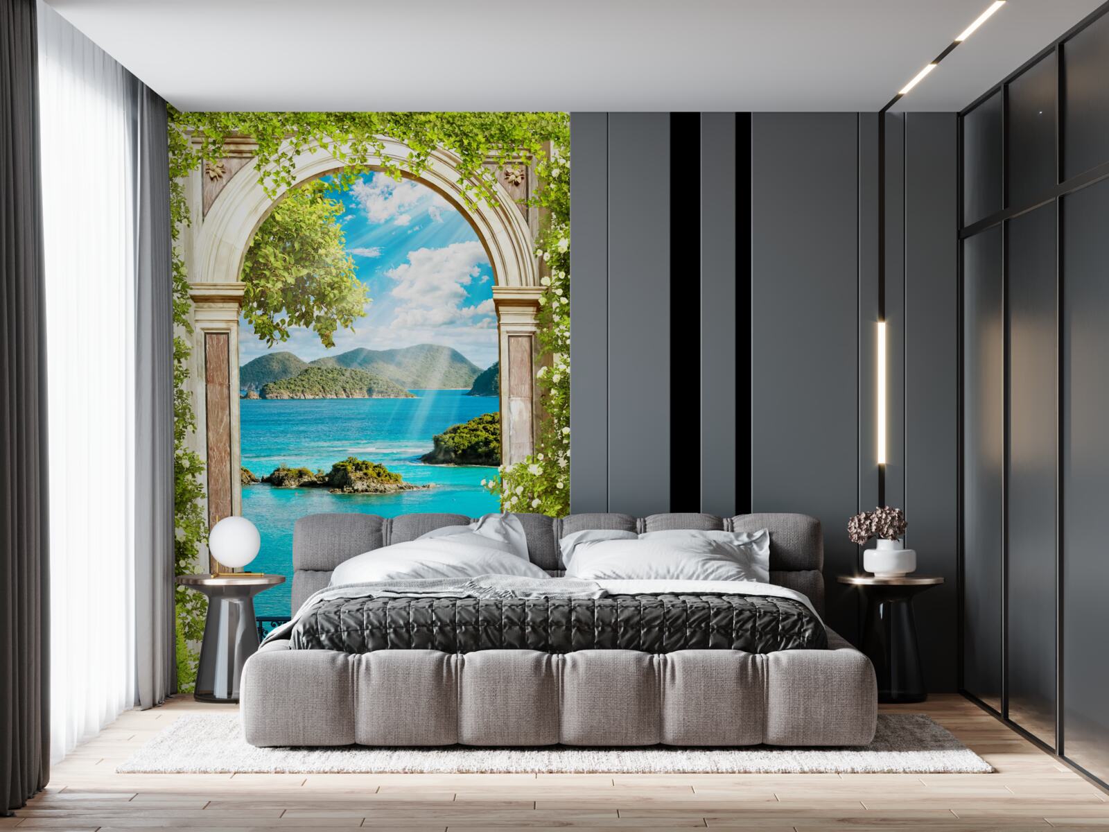 Papier peint arche verte avec vue imprenable sur la mer