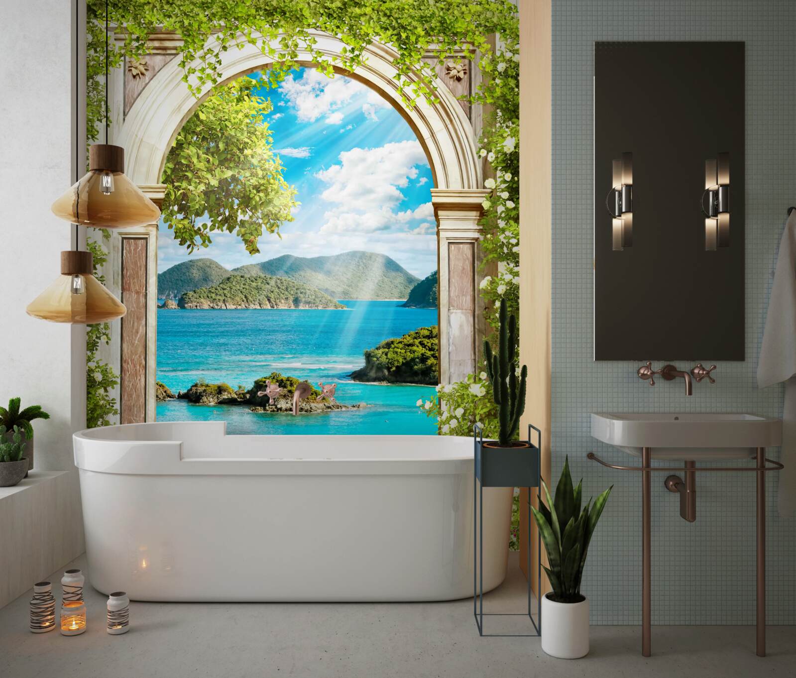 Papier peint arche verte avec vue imprenable sur la mer