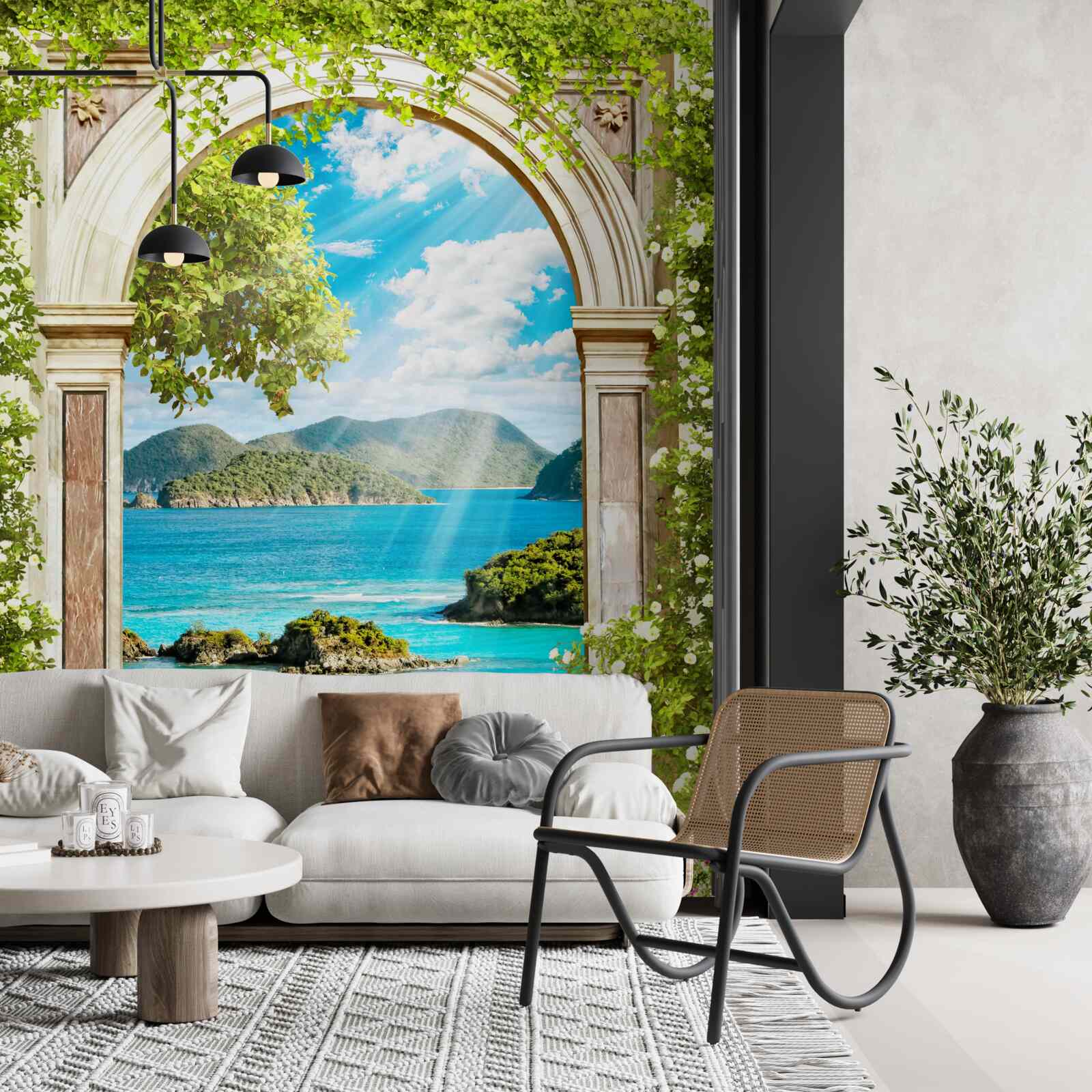 Papier peint arche verte avec vue imprenable sur la mer