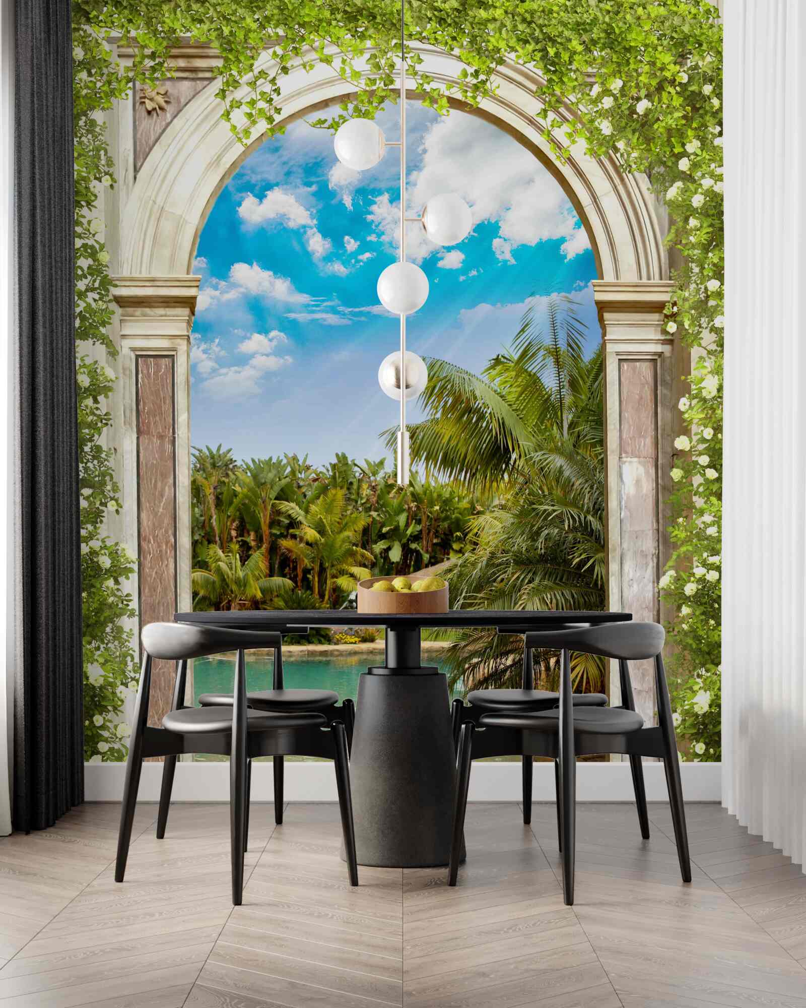 Papier peint vue sur l'eau et les palmiers à travers l'arche