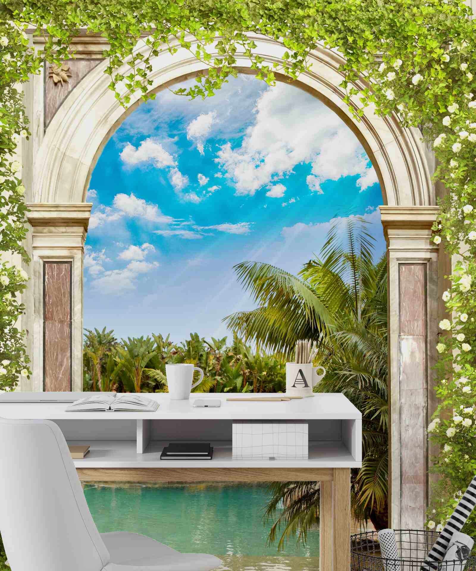 Papier peint vue sur l'eau et les palmiers à travers l'arche