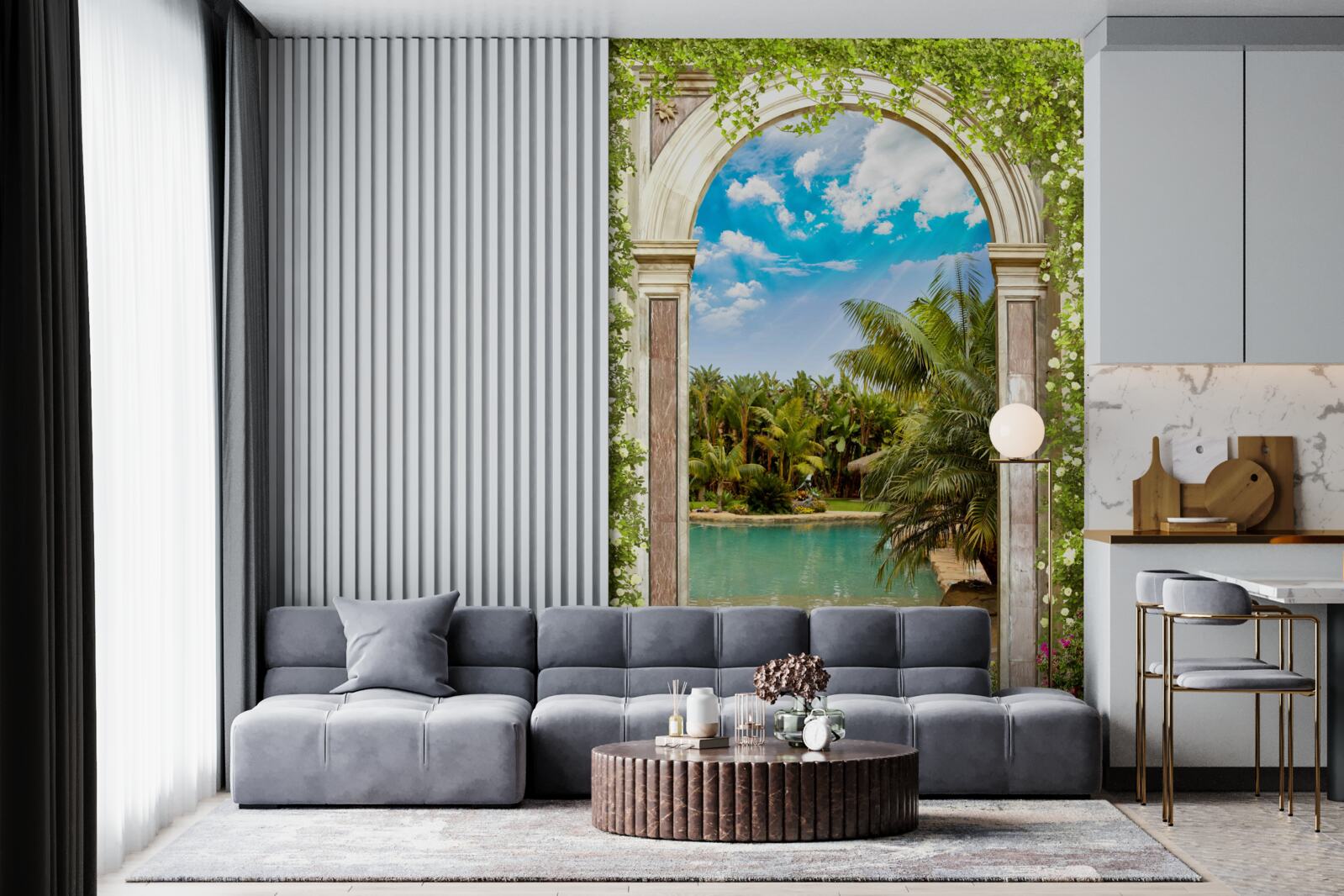 Papier peint vue sur l'eau et les palmiers à travers l'arche