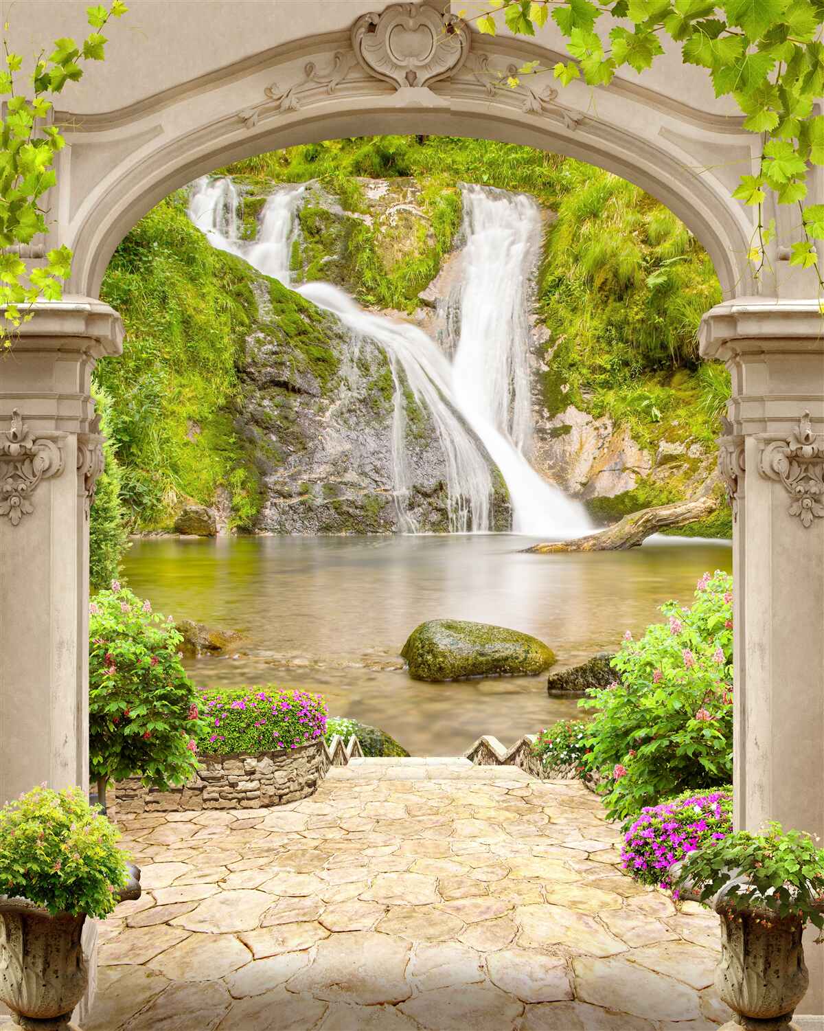 Papier peint passage sous l'arche vers la cascade