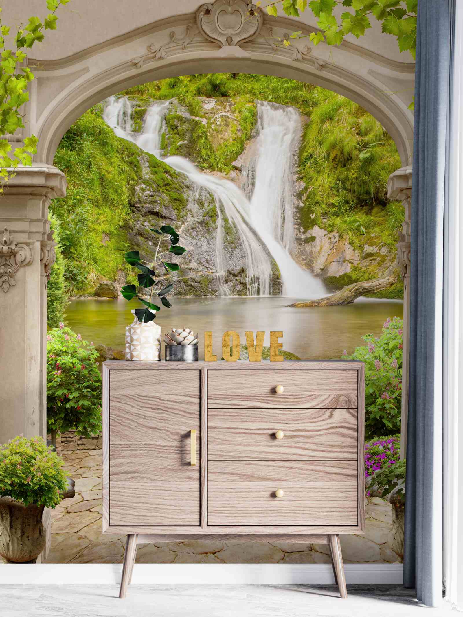 Papier peint passage sous l'arche vers la cascade