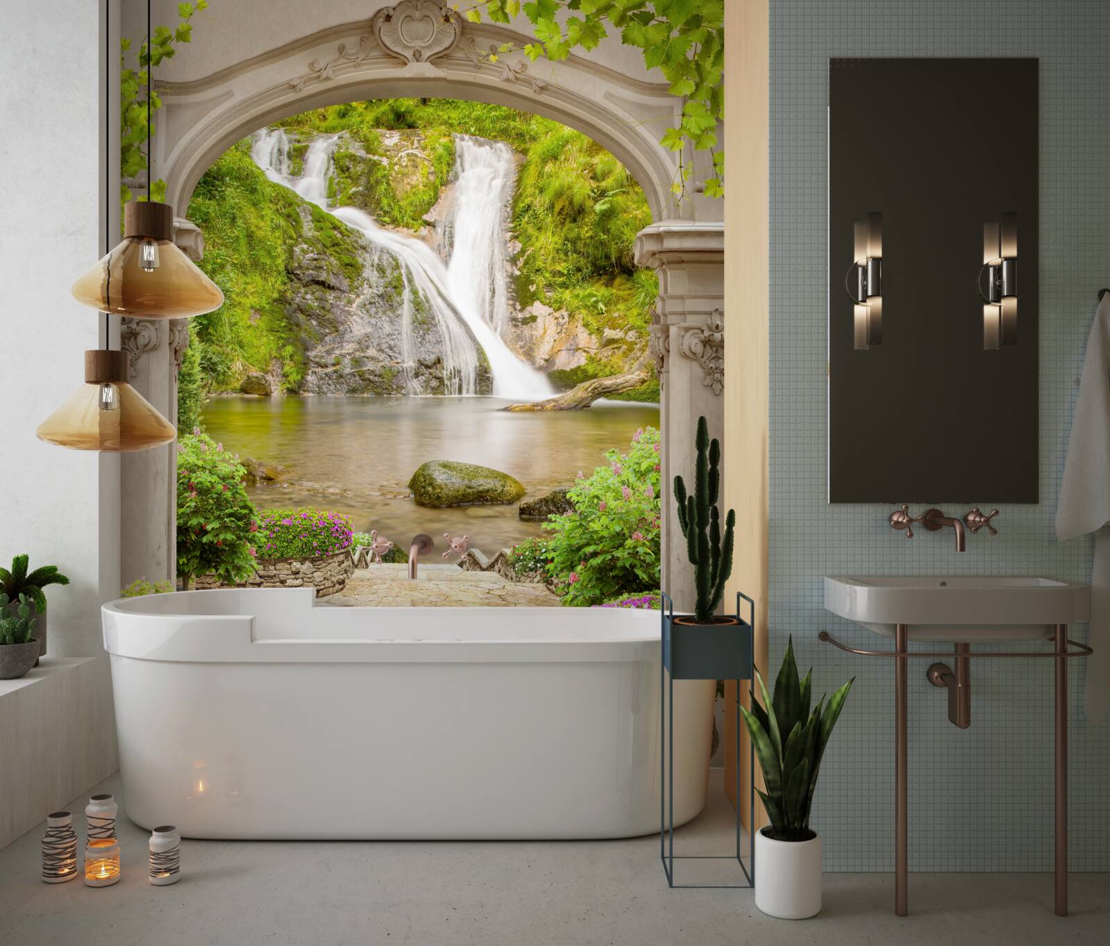 Papier peint passage sous l'arche vers la cascade