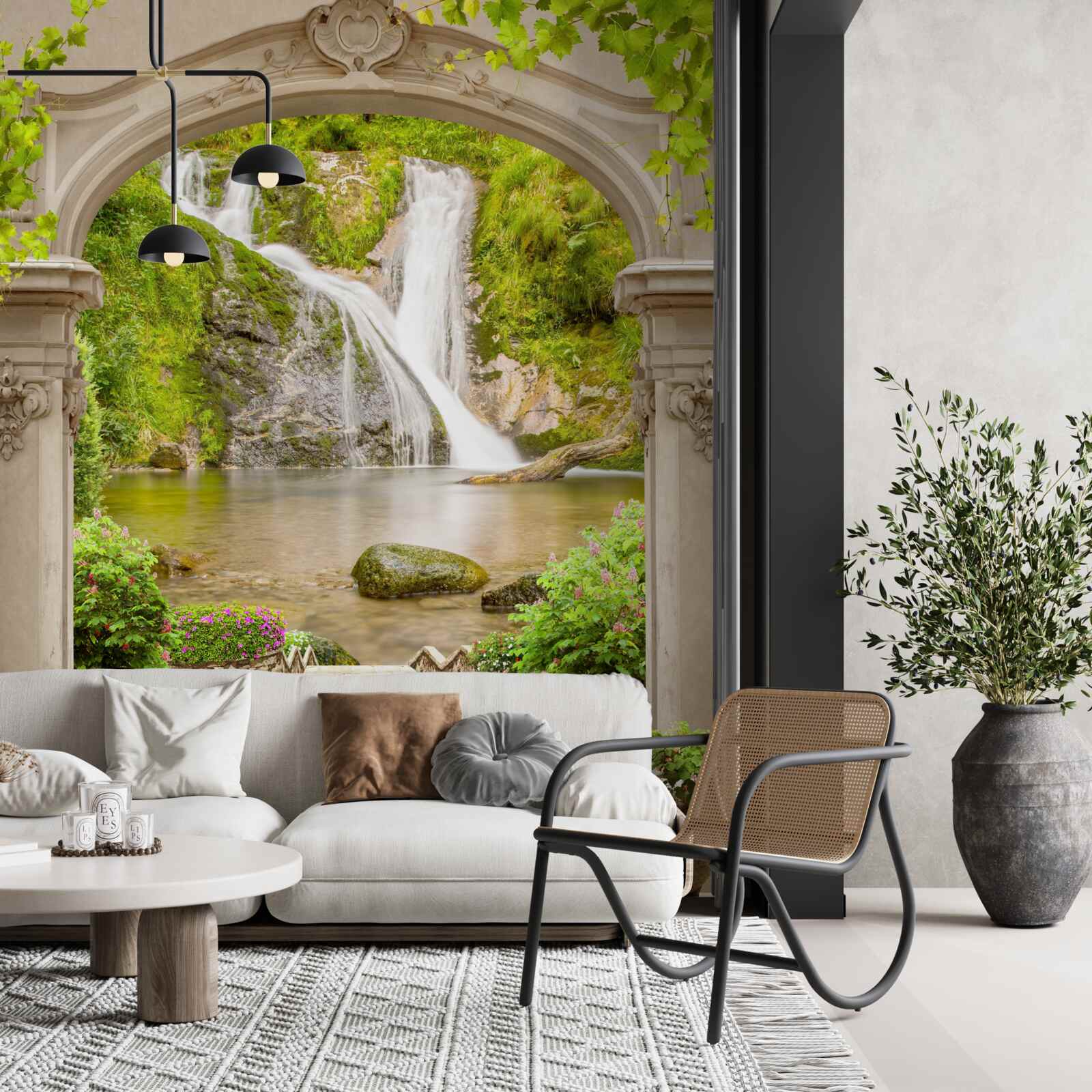 Papier peint passage sous l'arche vers la cascade