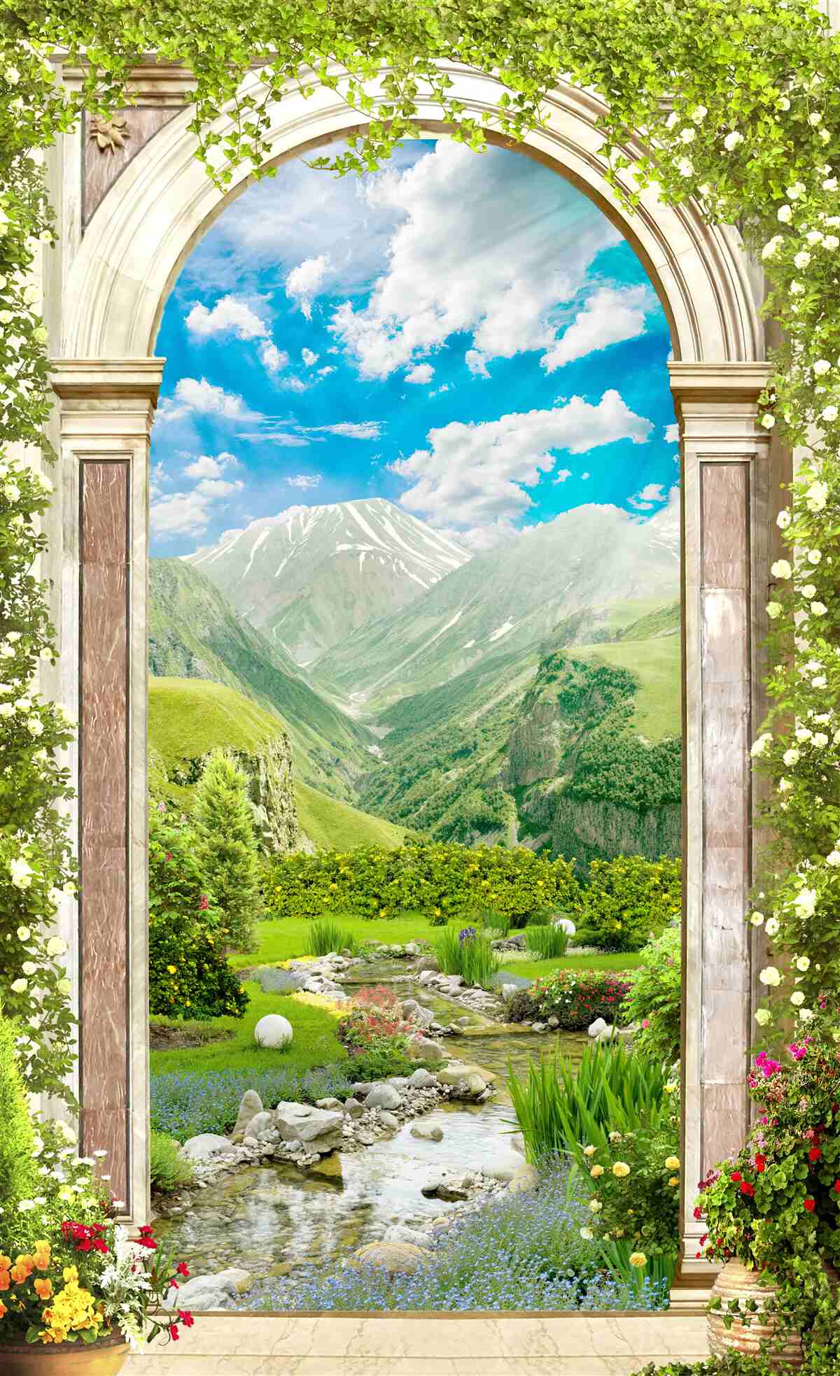 Papier peint arche avec vue sur la rivière et les montagnes