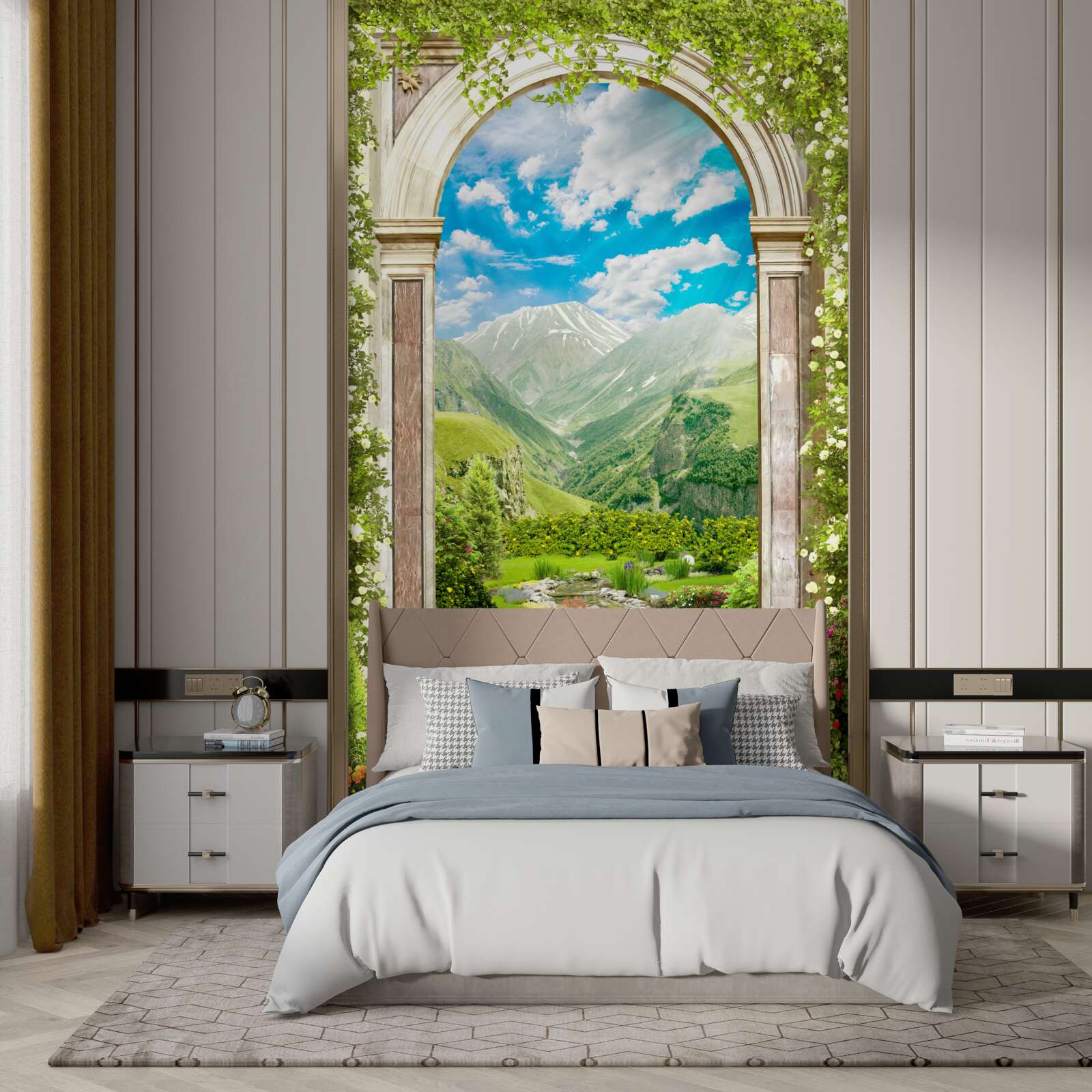 Papier peint arche avec vue sur la rivière et les montagnes