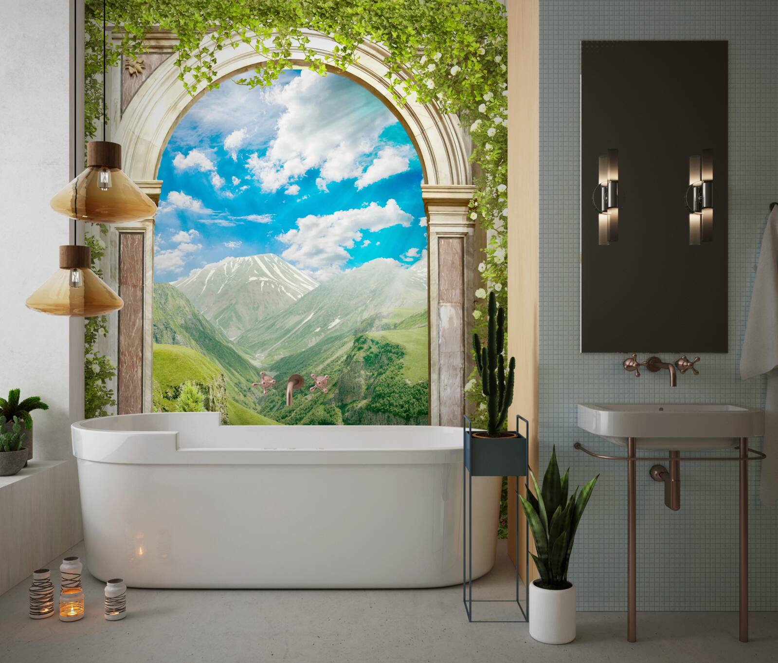 Papier peint arche avec vue sur la rivière et les montagnes