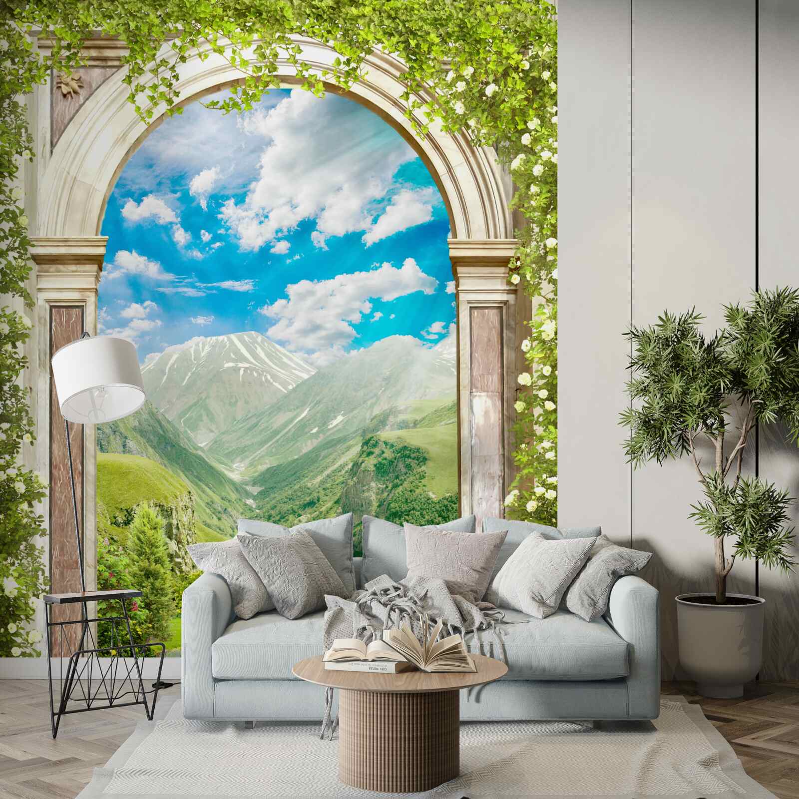 Papier peint arche avec vue sur la rivière et les montagnes