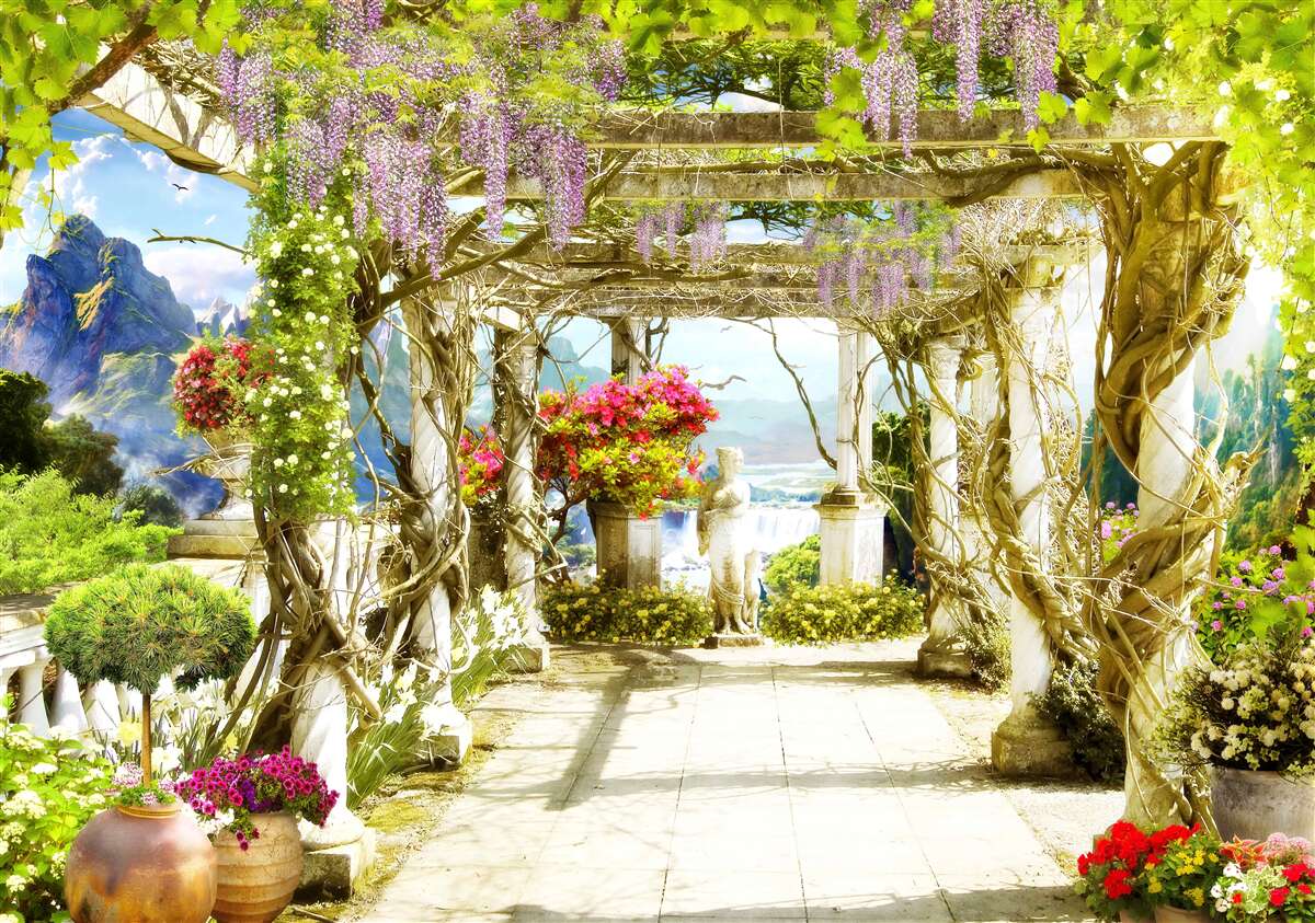 Papier peint terrasse grecque baignée de fleurs