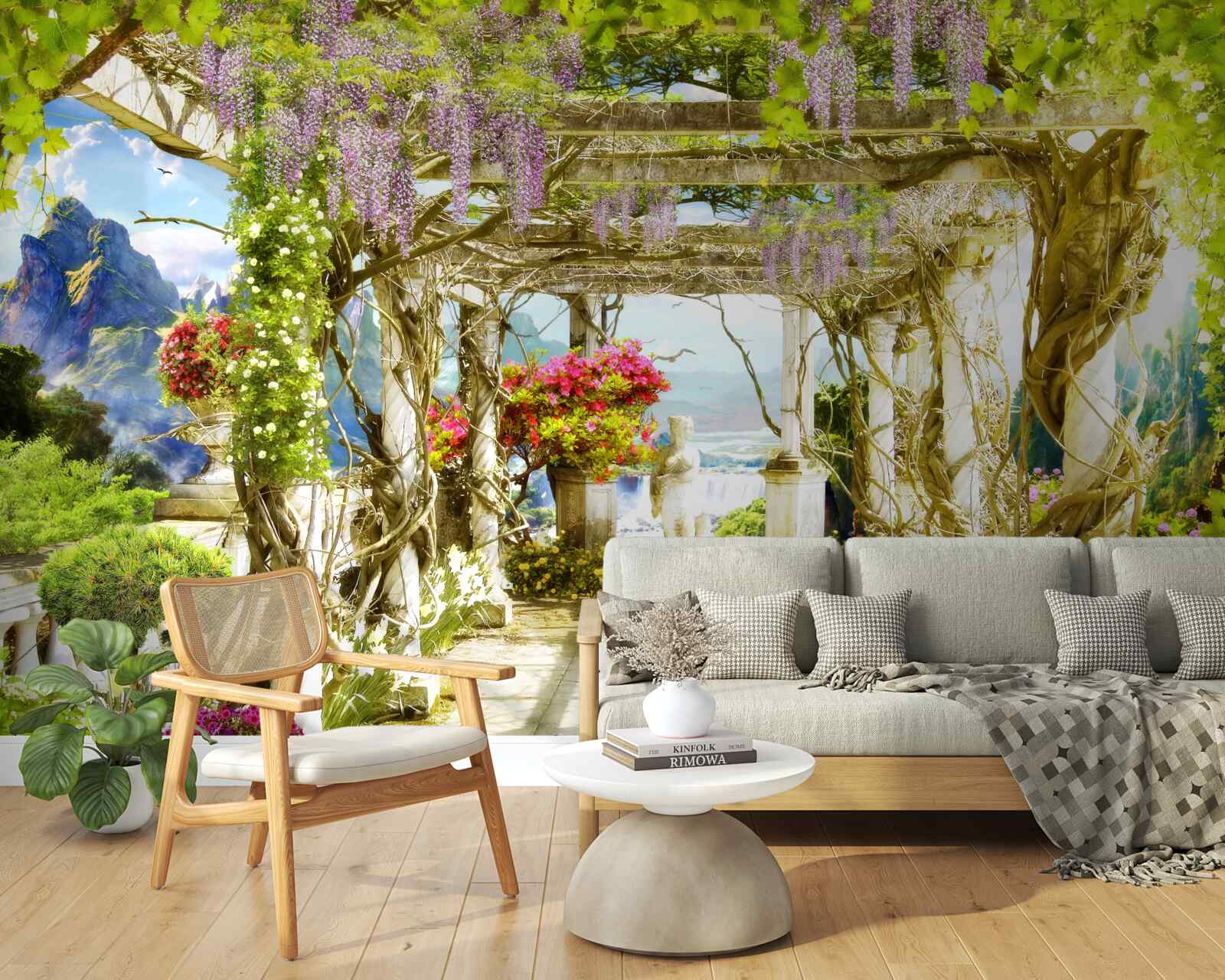 Papier peint terrasse grecque baignée de fleurs