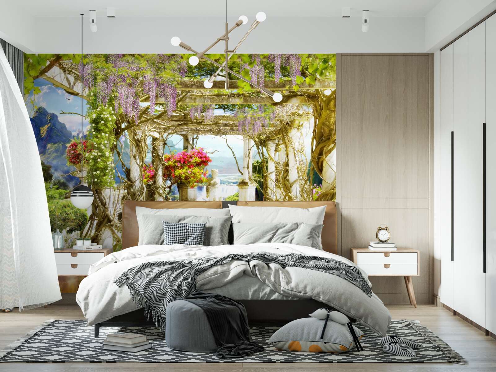 Papier peint terrasse grecque baignée de fleurs