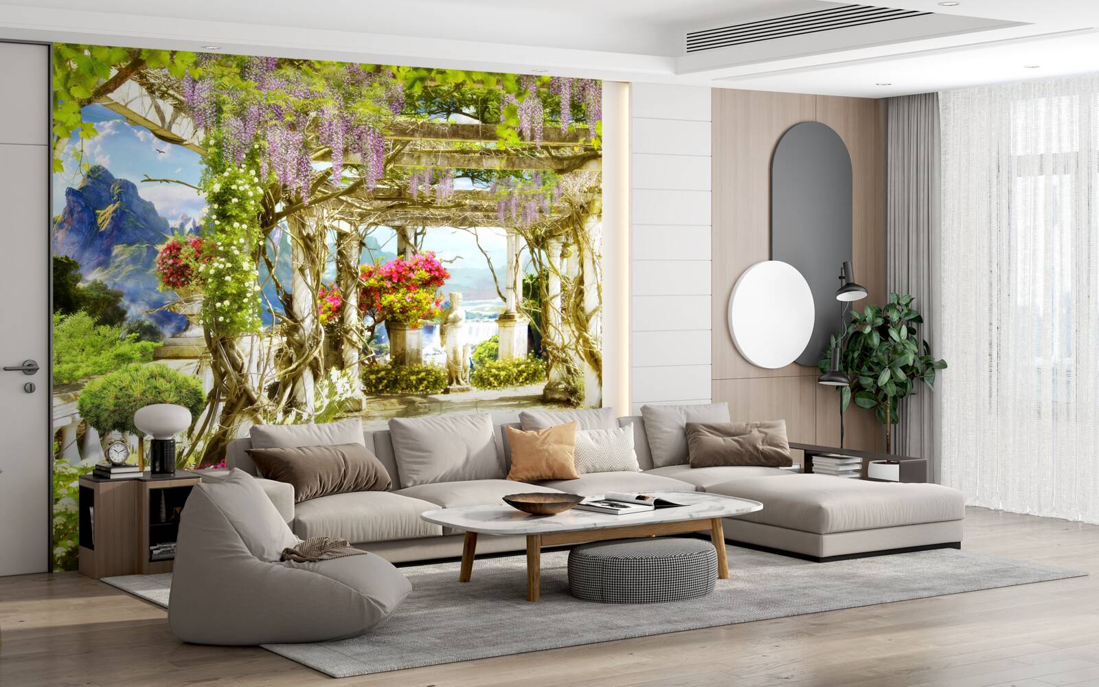 Papier peint terrasse grecque baignée de fleurs