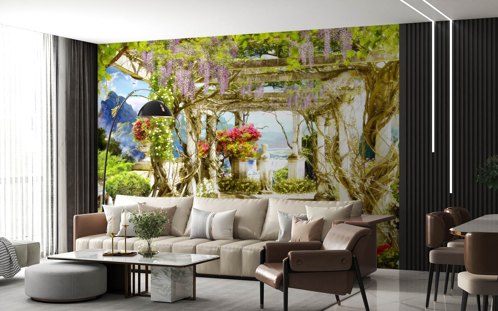 Papier peint terrasse grecque baignée de fleurs