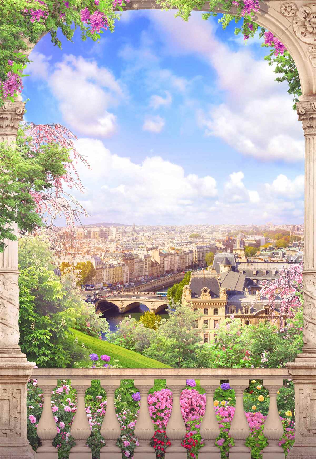 Papier peint panorama de la ville depuis un balcon fleuri