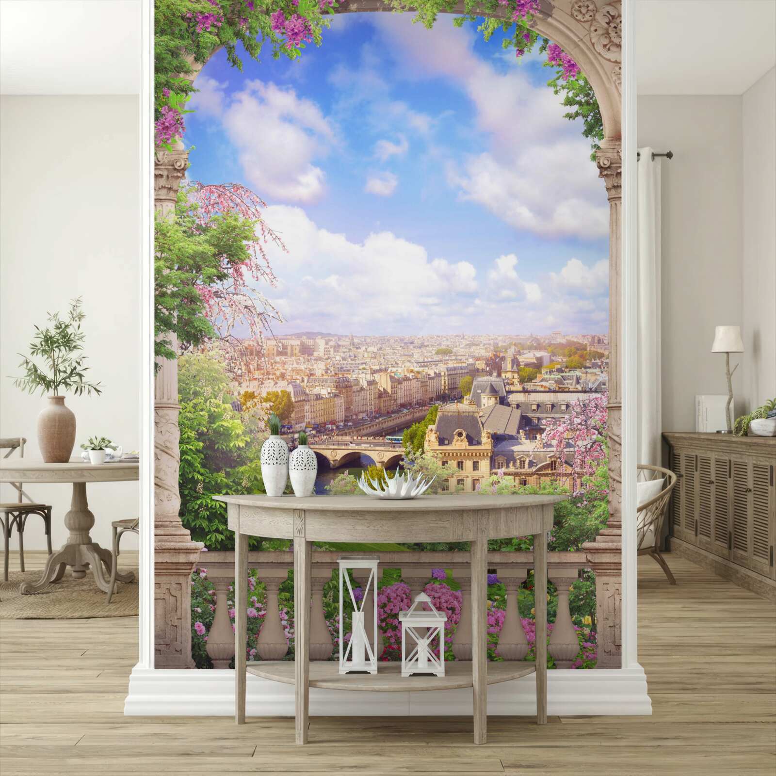 Papier peint panorama de la ville depuis un balcon fleuri