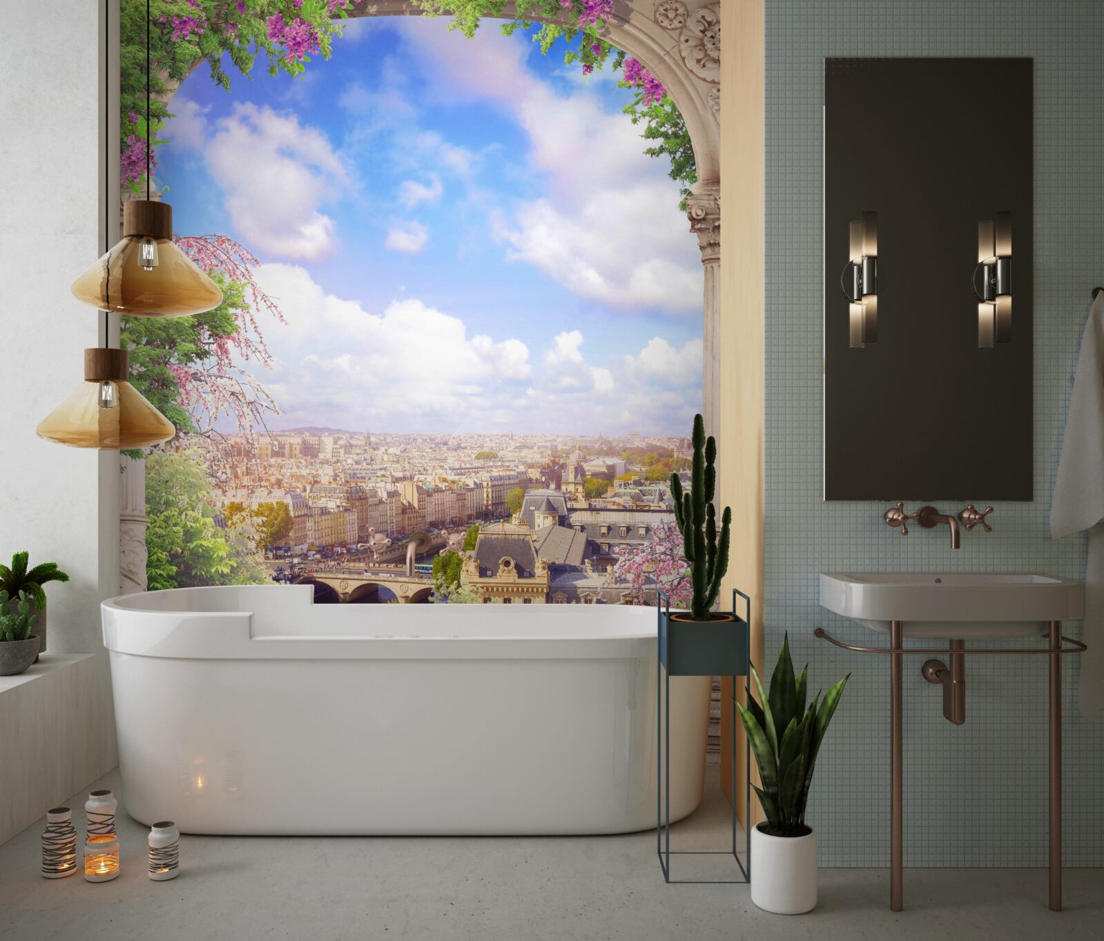 Papier peint panorama de la ville depuis un balcon fleuri