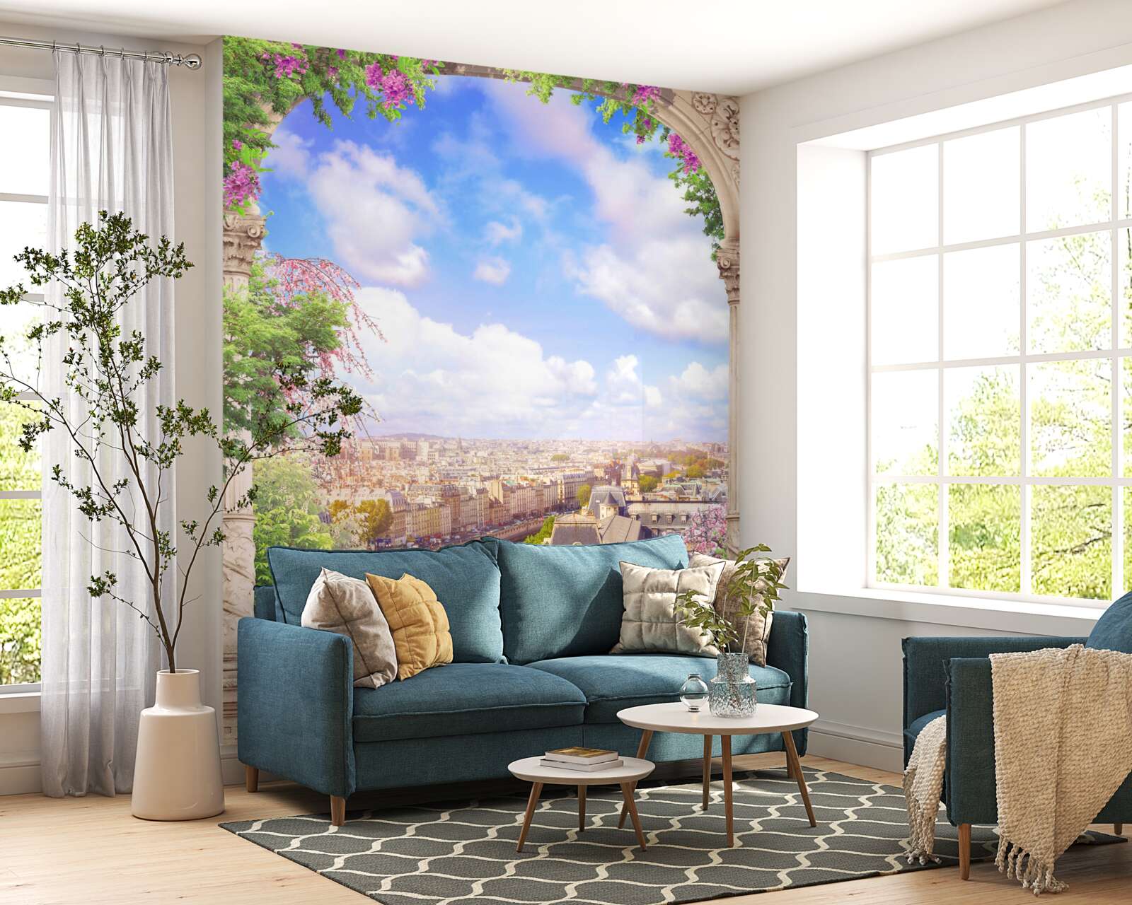 Papier peint panorama de la ville depuis un balcon fleuri