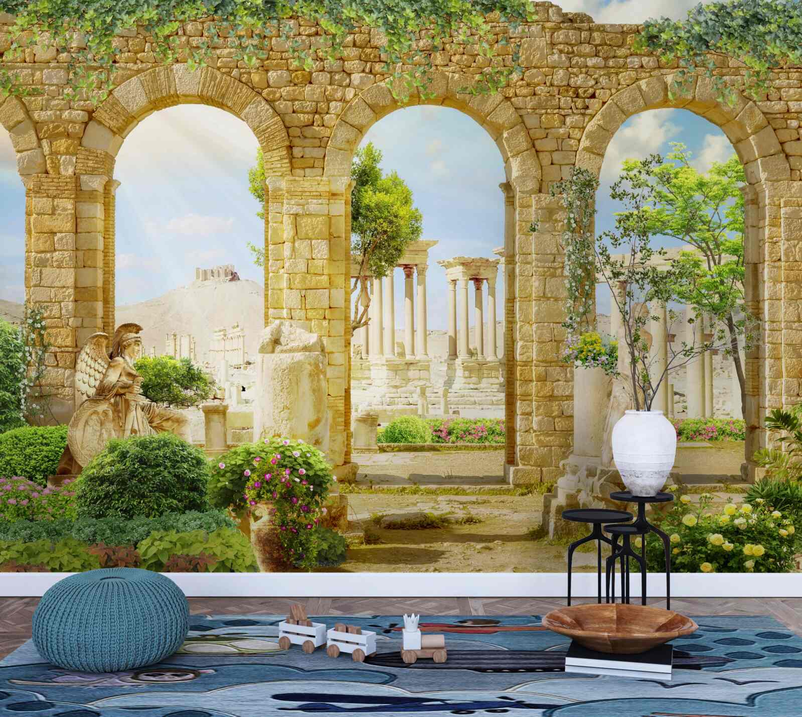 Papier peint formes antiques entourées de verdure