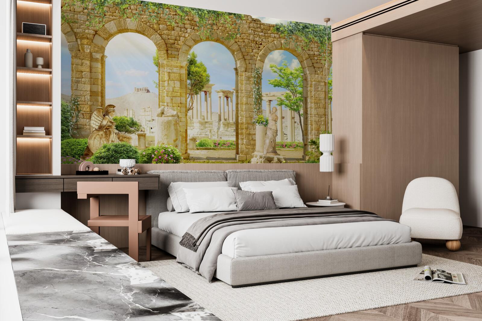 Papier peint formes antiques entourées de verdure