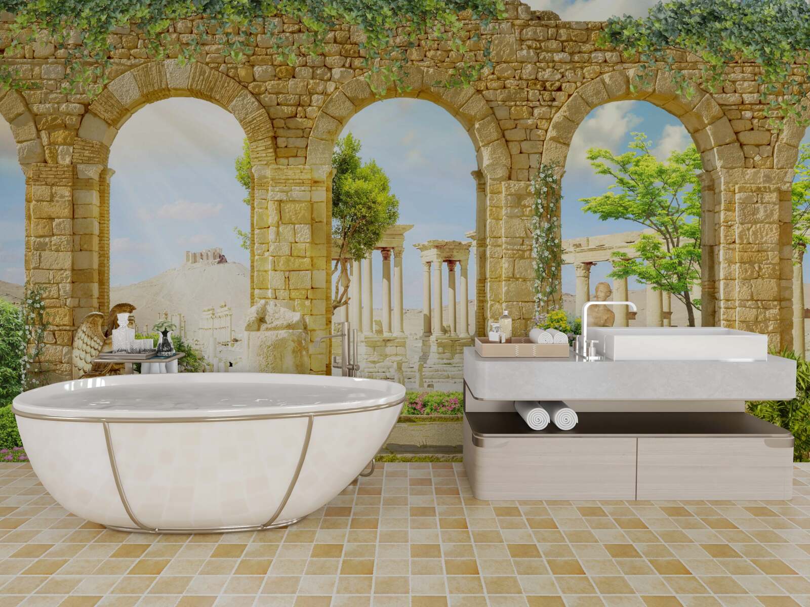 Papier peint formes antiques entourées de verdure