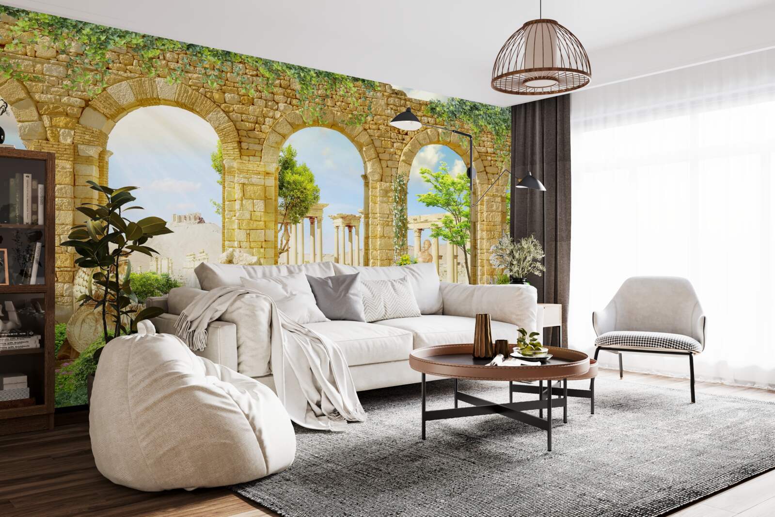 Papier peint formes antiques entourées de verdure