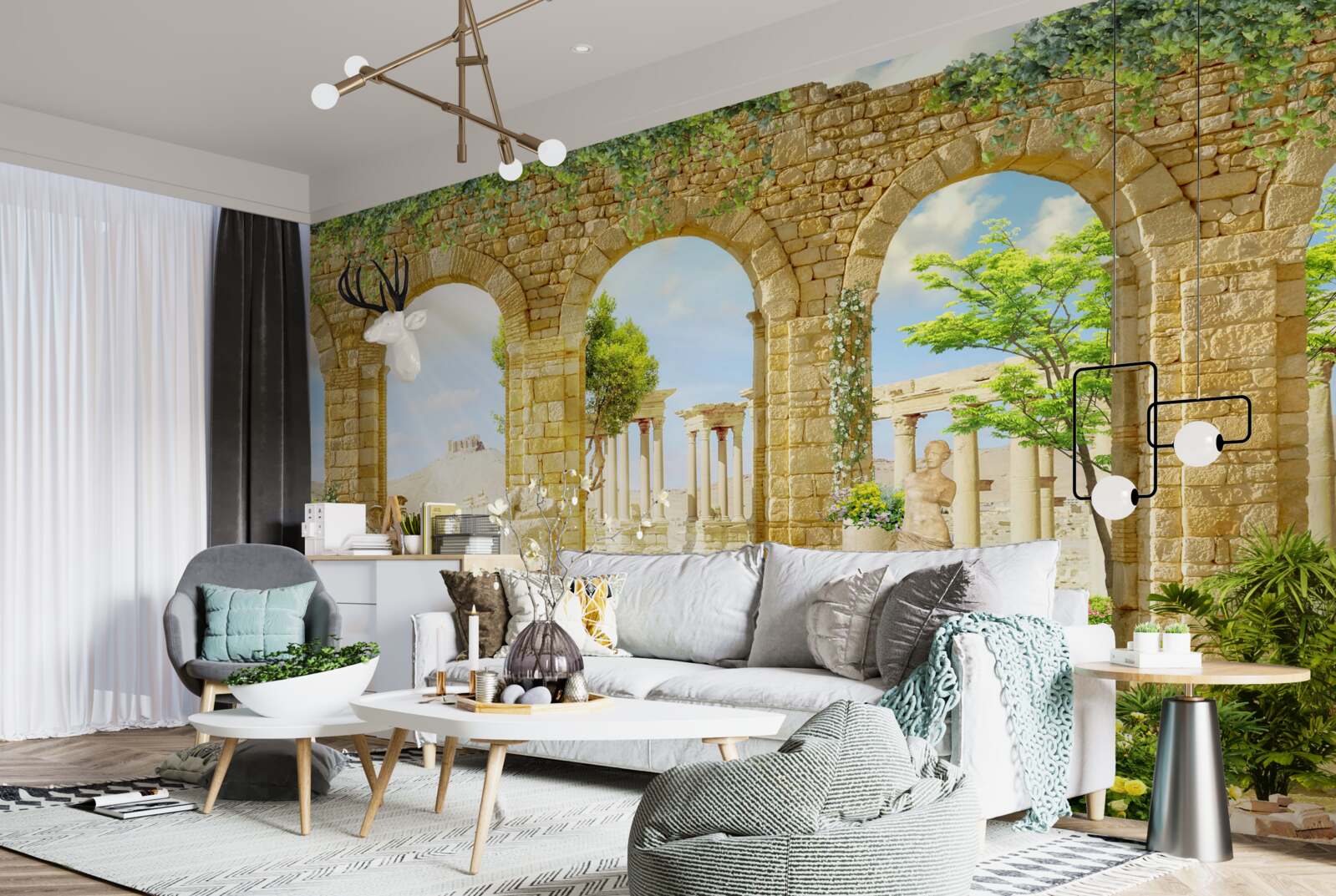 Papier peint formes antiques entourées de verdure