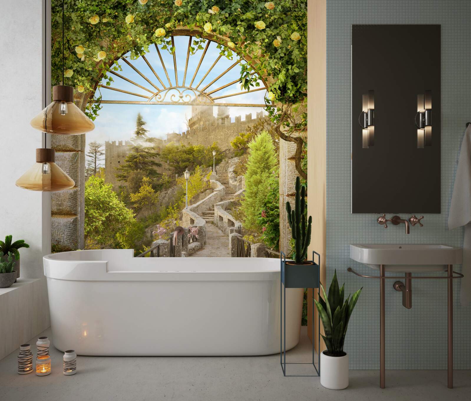 Papier peint nœud vert décoré de citrons