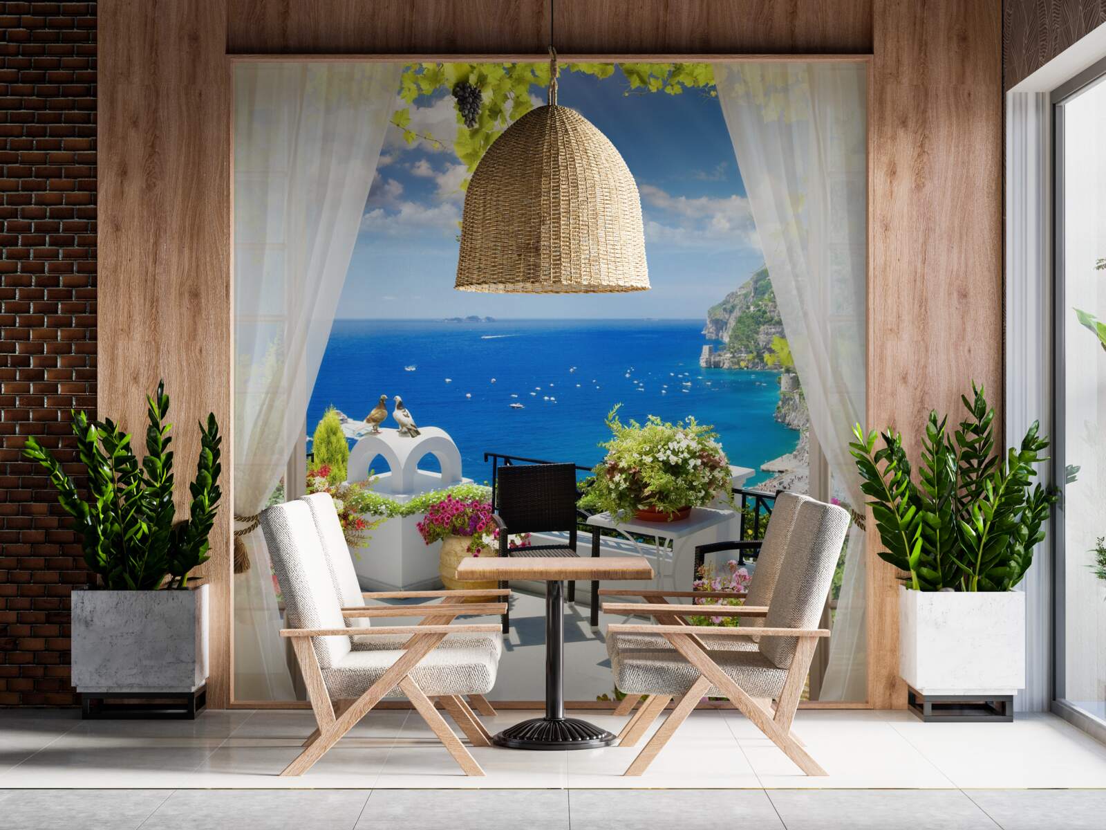 Papier peint petit balcon avec une vue pittoresque sur l'océan