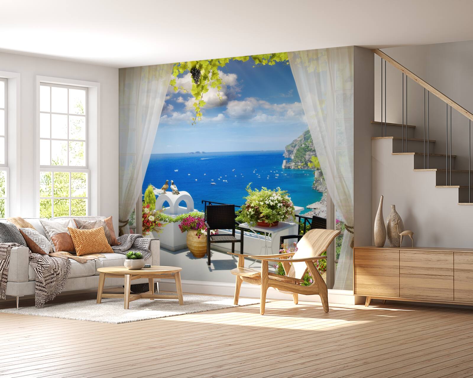 Papier peint petit balcon avec une vue pittoresque sur l'océan