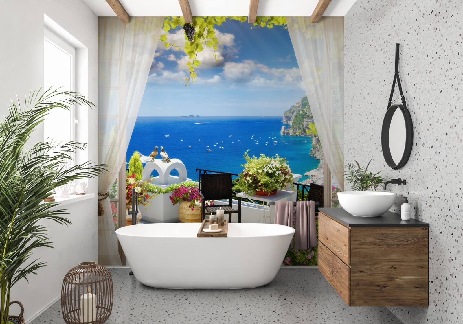 Papier peint petit balcon avec une vue pittoresque sur l'océan