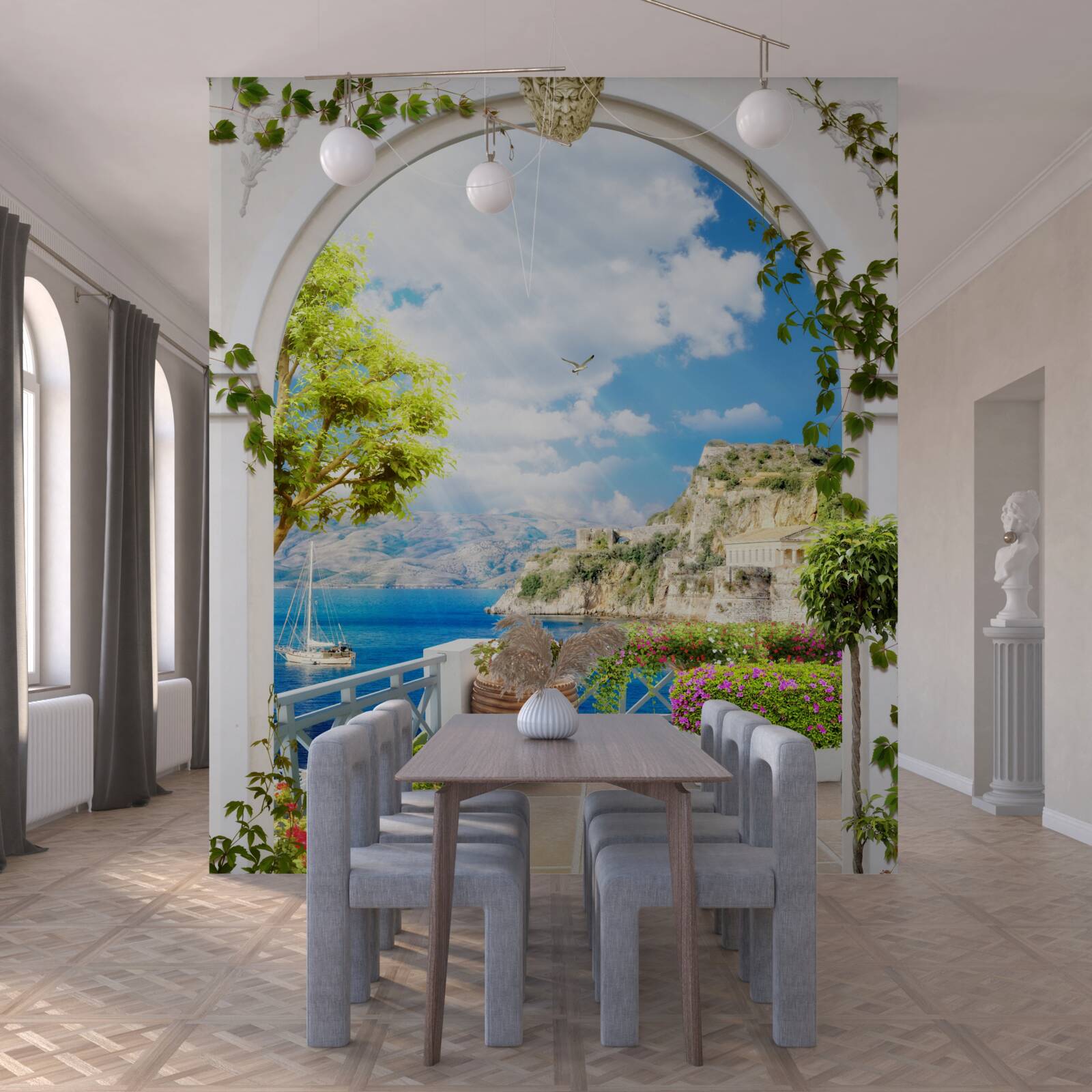 Papier peint fenêtre avec vue sur la montagne et la mer