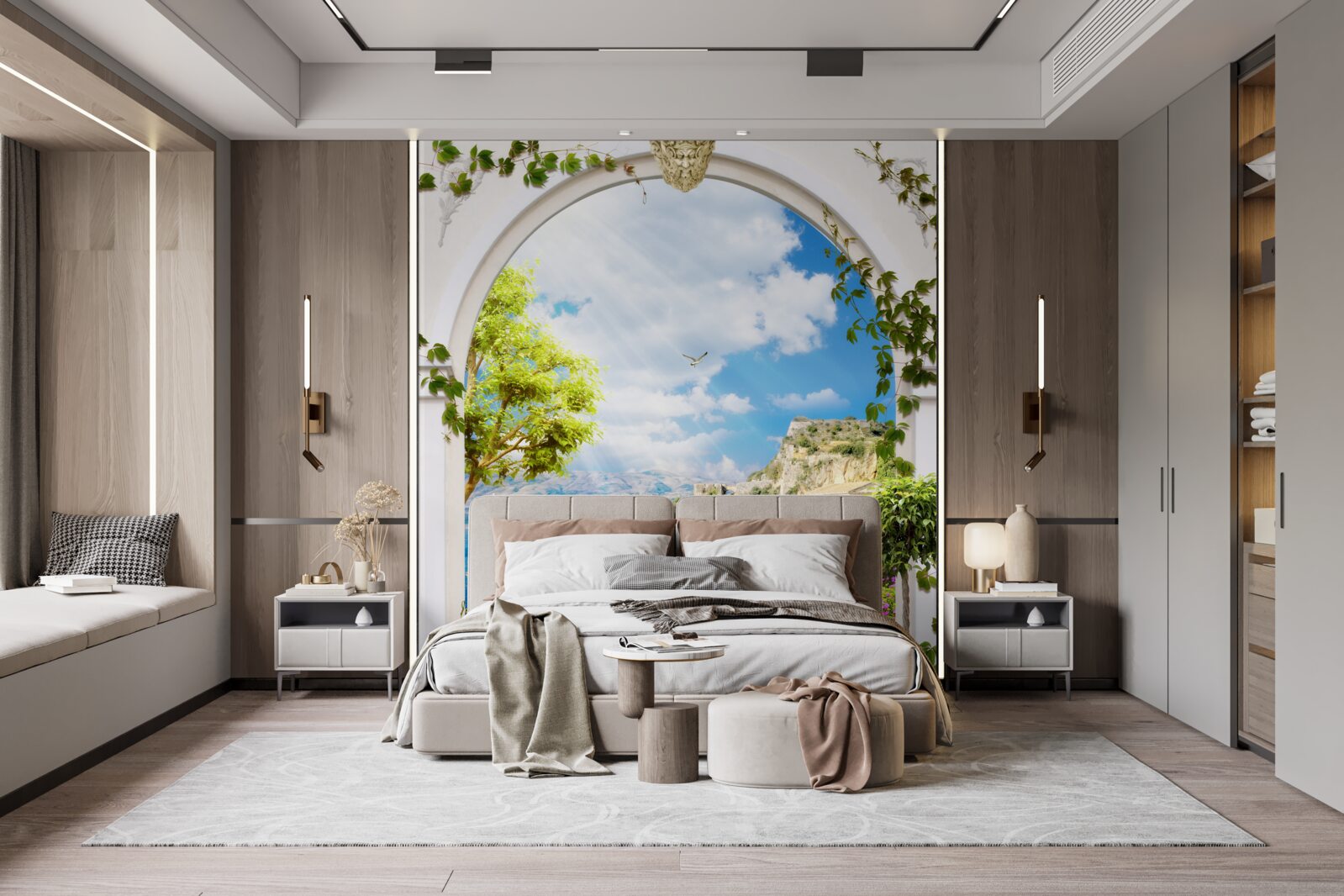 Papier peint fenêtre avec vue sur la montagne et la mer