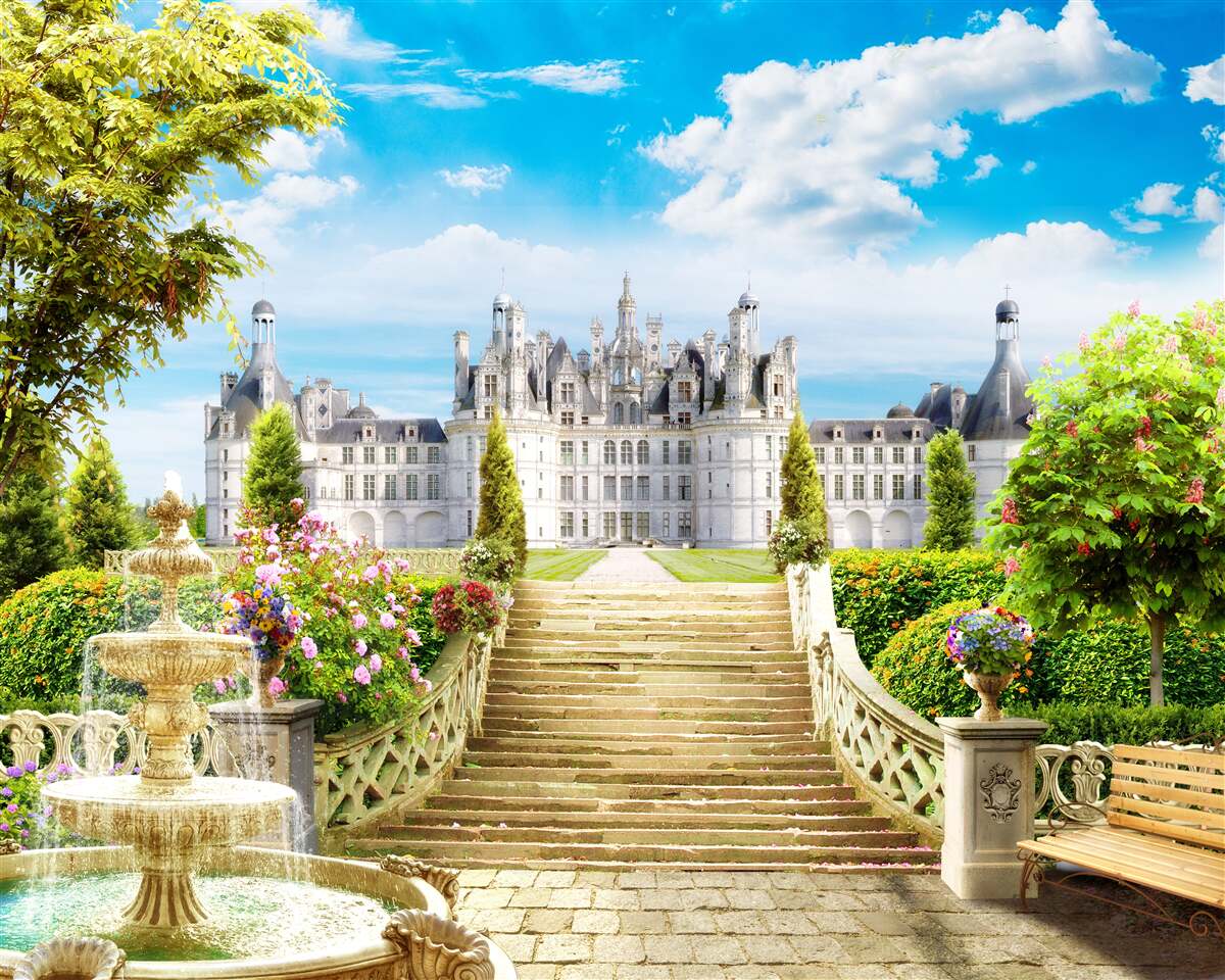 Papier peint escalier menant à la pelouse près du château