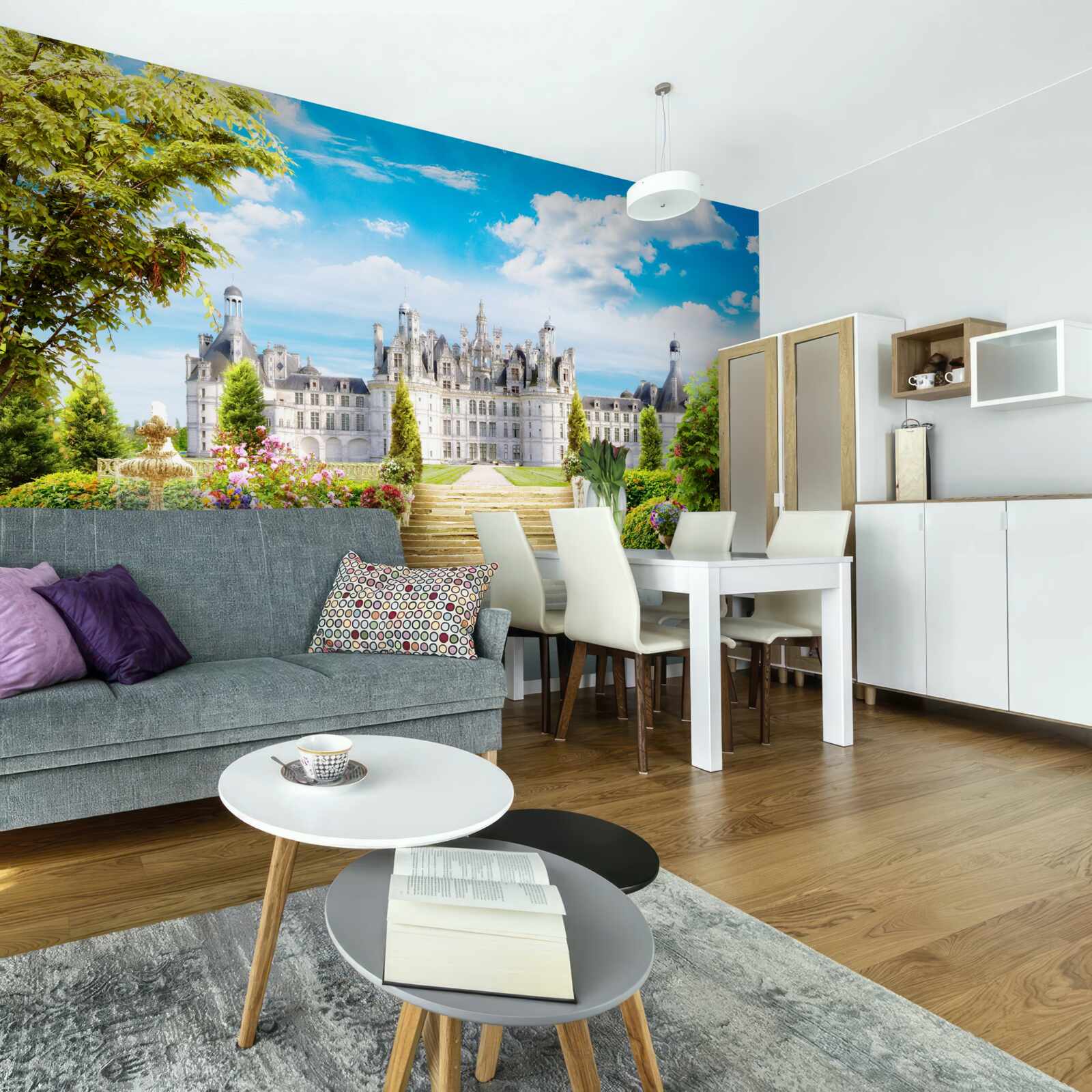 Papier peint escalier menant à la pelouse près du château