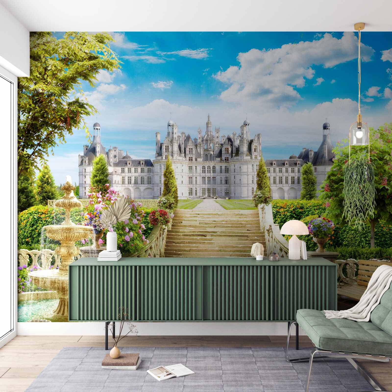 Papier peint escalier menant à la pelouse près du château