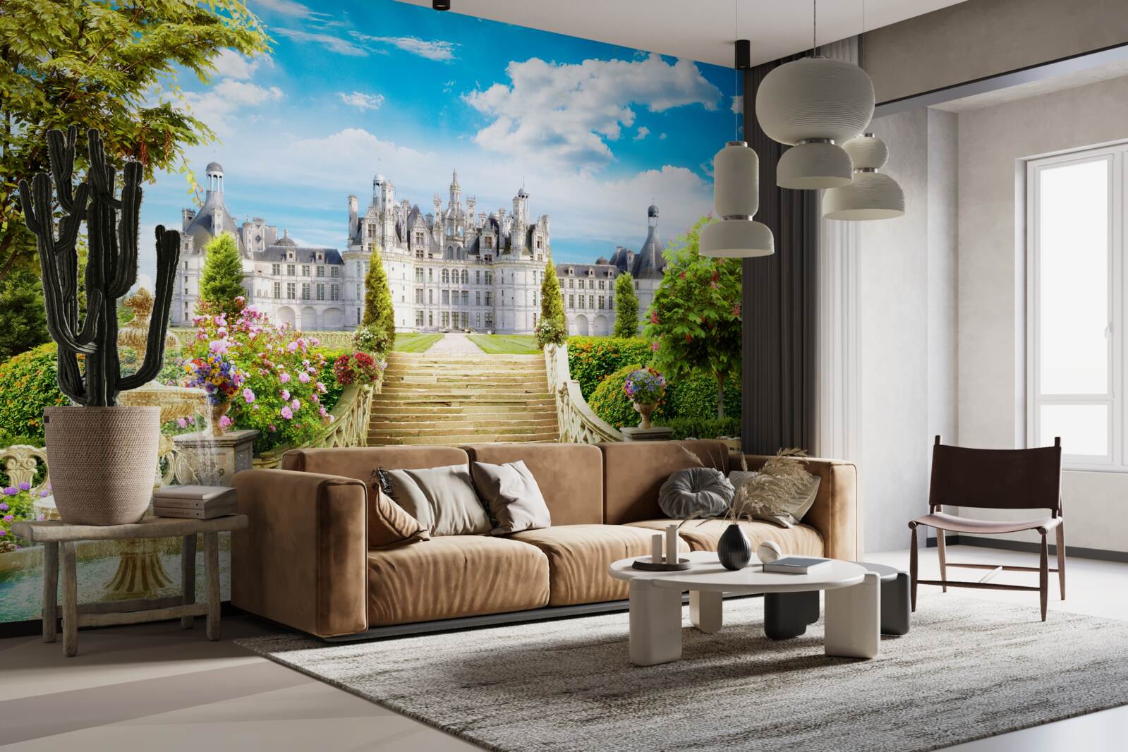 Papier peint escalier menant à la pelouse près du château