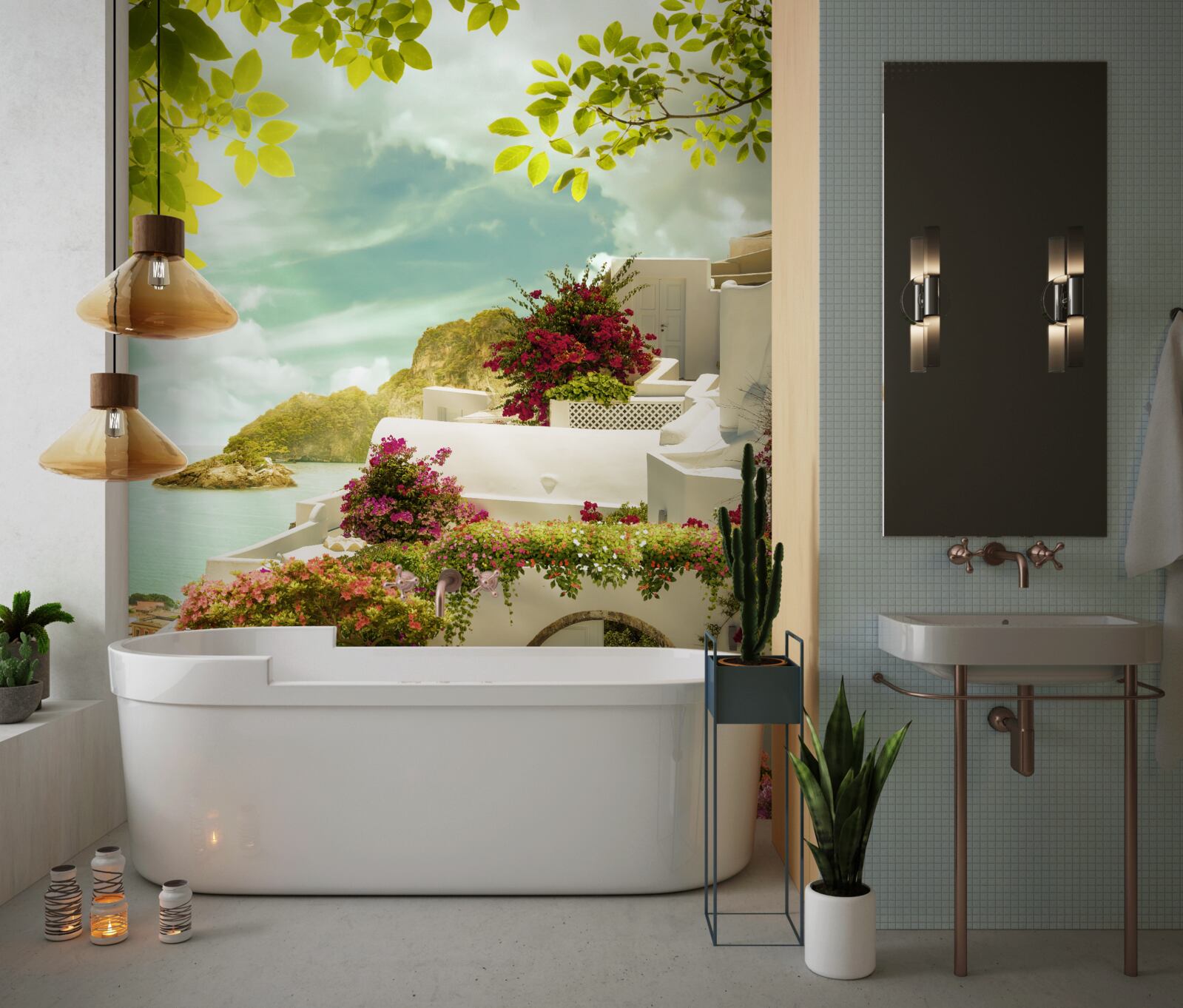 Papier peint bâtiments grecs blancs