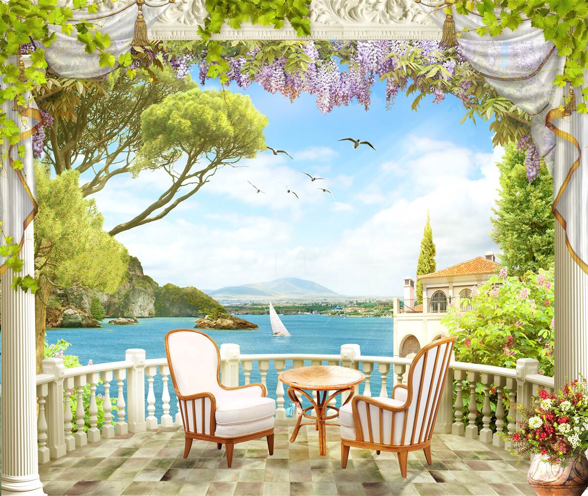 Papier peint une paire de chaises avec une table et une vue sur l'océan