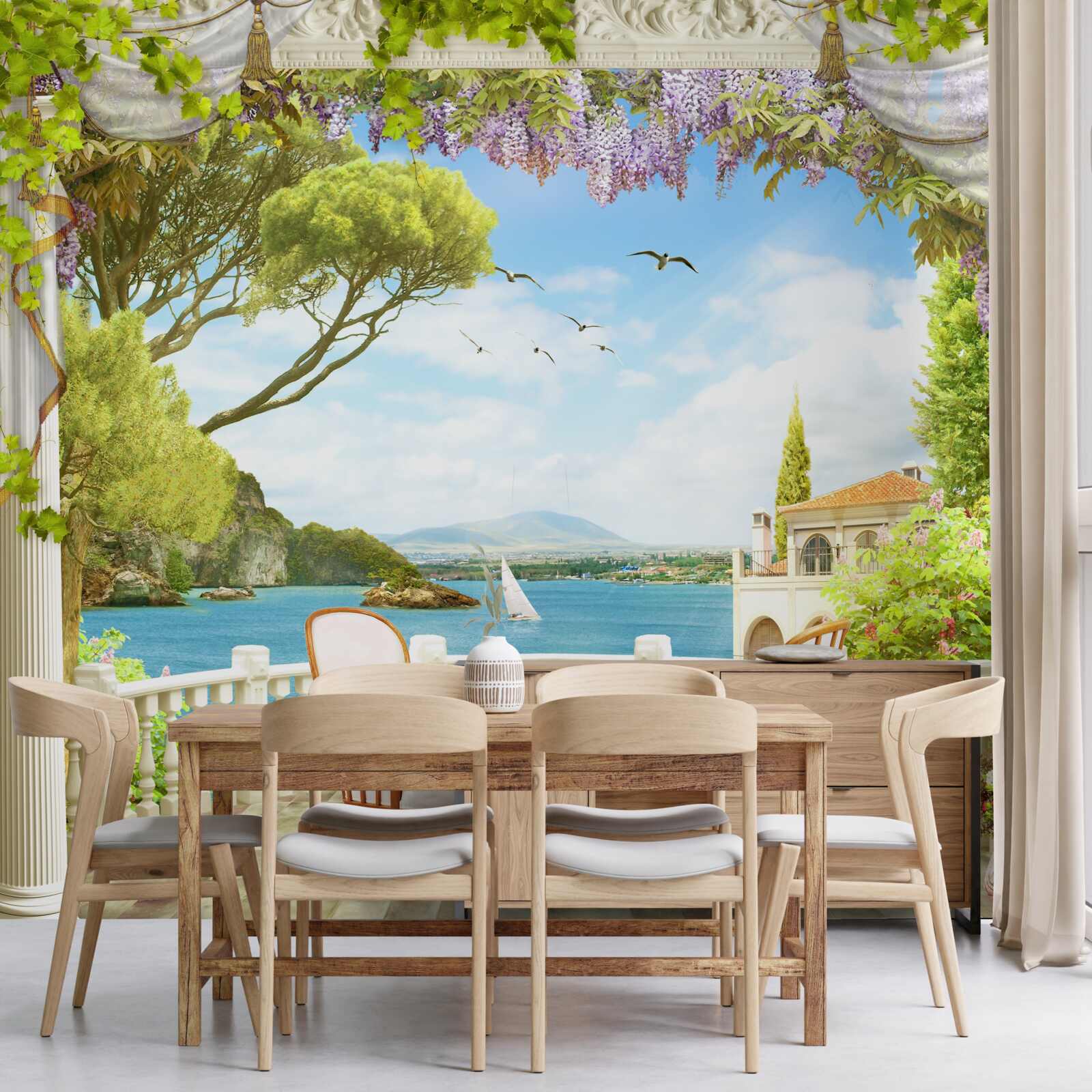 Papier peint une paire de chaises avec une table et une vue sur l'océan