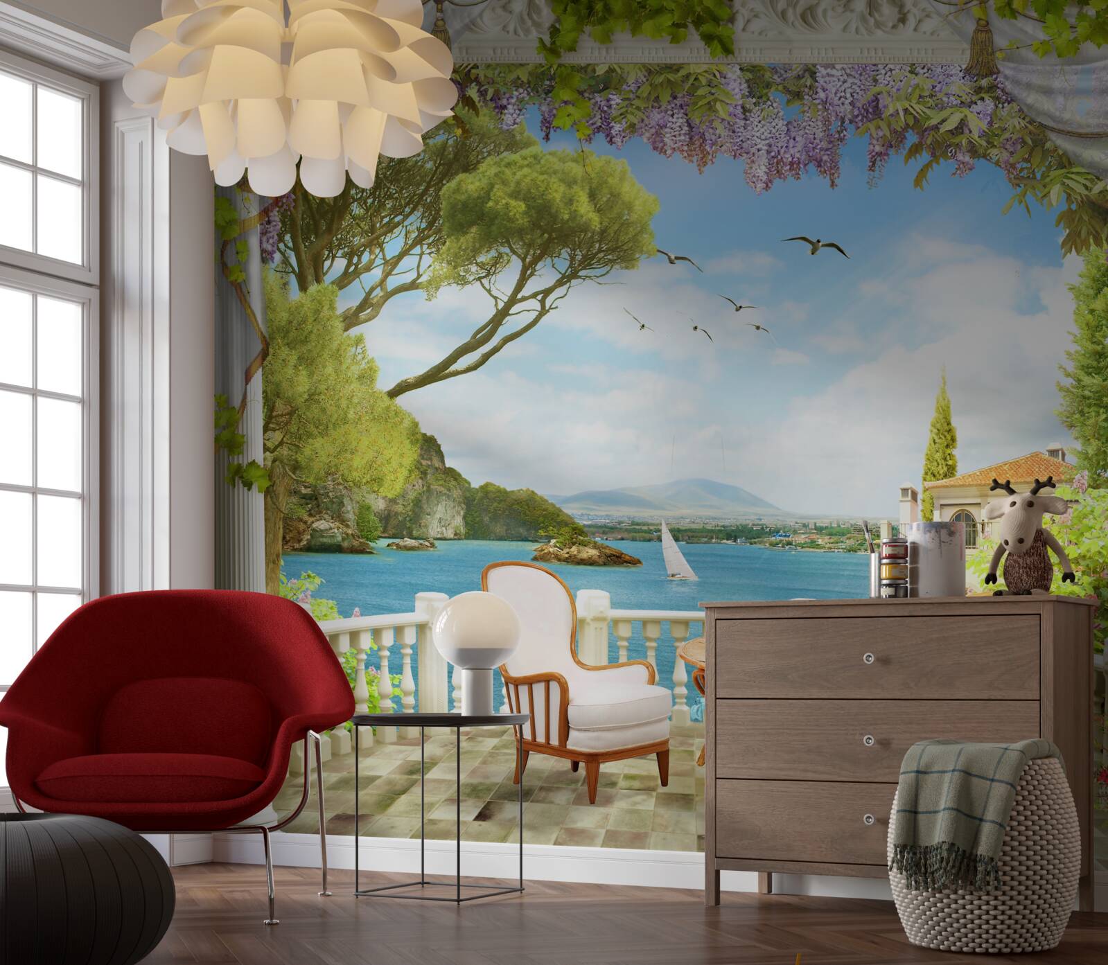 Papier peint une paire de chaises avec une table et une vue sur l'océan