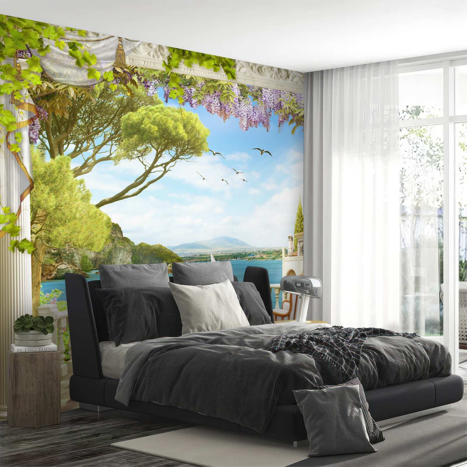 Papier peint une paire de chaises avec une table et une vue sur l'océan