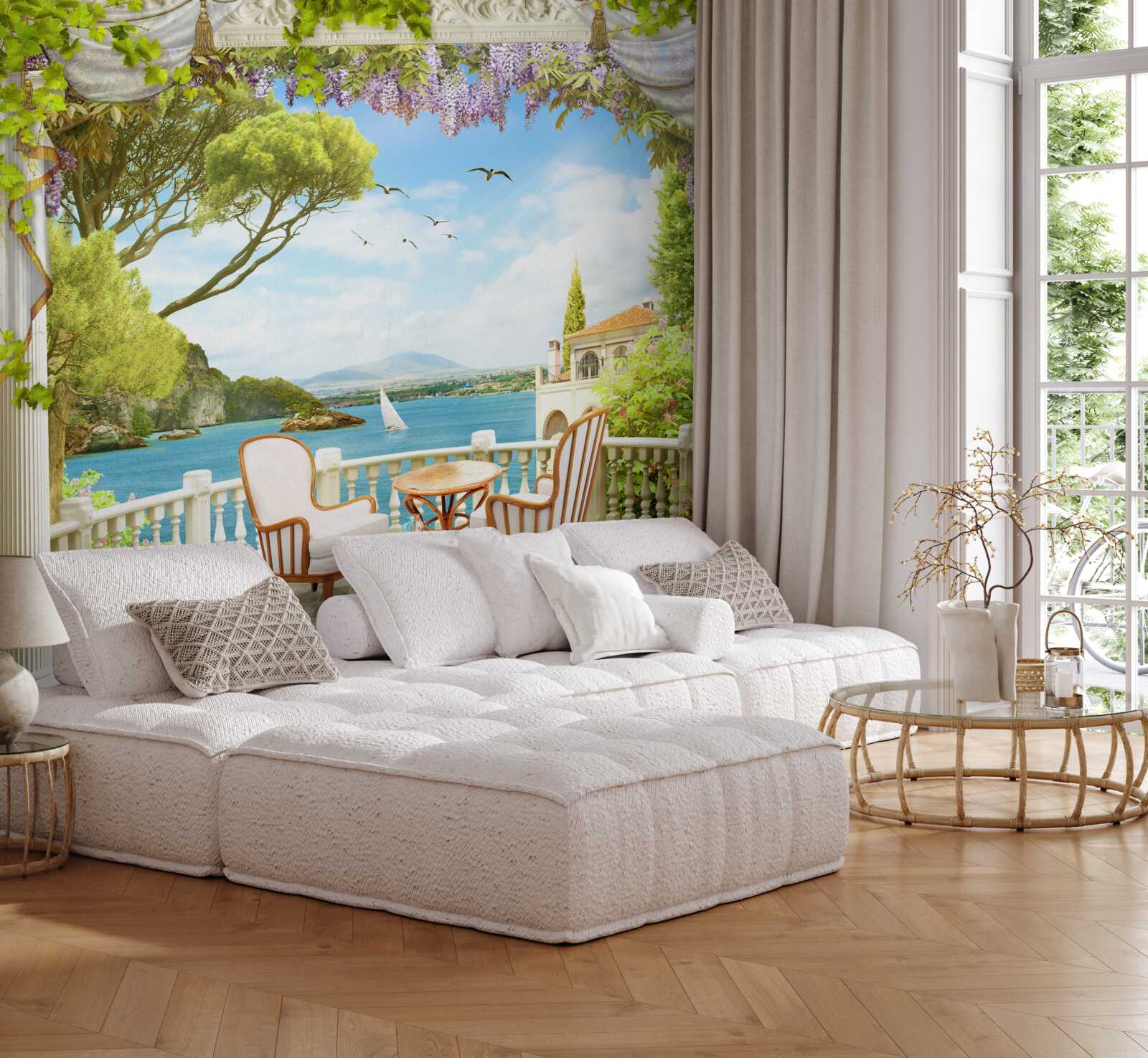 Papier peint une paire de chaises avec une table et une vue sur l'océan