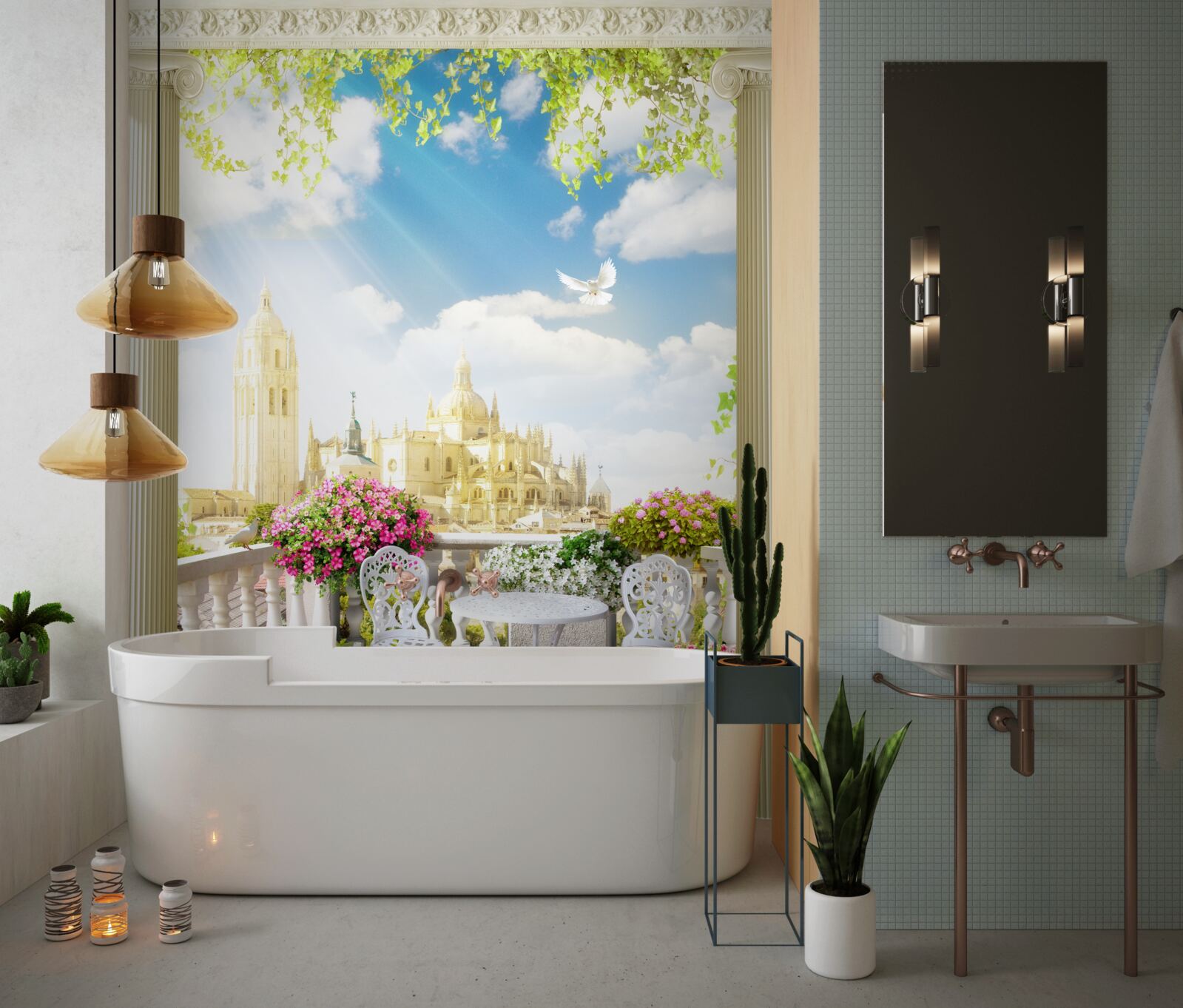 Papier peint terrasse avec une belle vue sur les bâtiments historiques