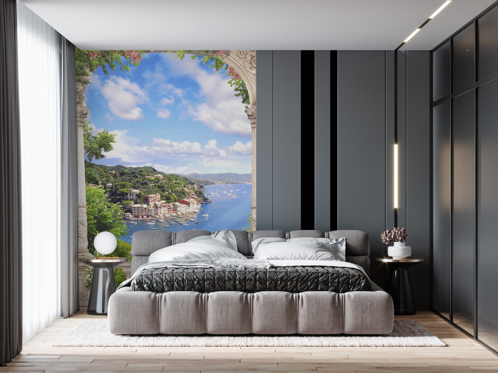 Papier peint la terrasse offre une vue sur la ville et la mer