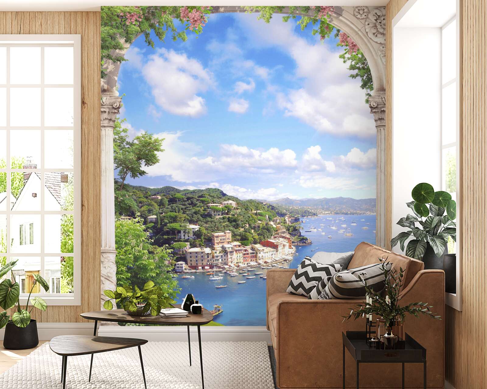 Papier peint la terrasse offre une vue sur la ville et la mer